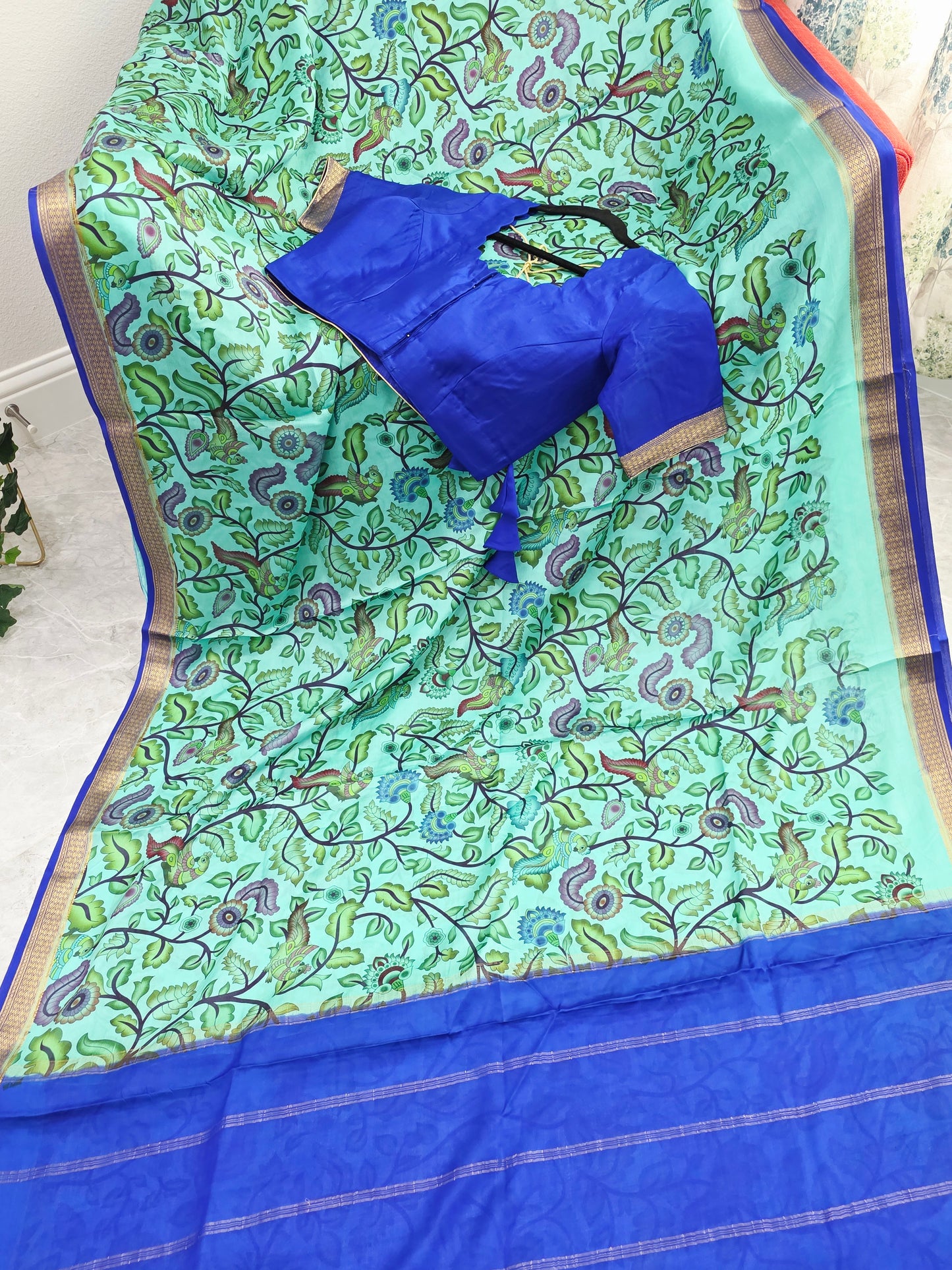 Aqua Mint & Royal Blue Pure Mysore Crepe Silk Kalamkari Saree With Stitched Blouse