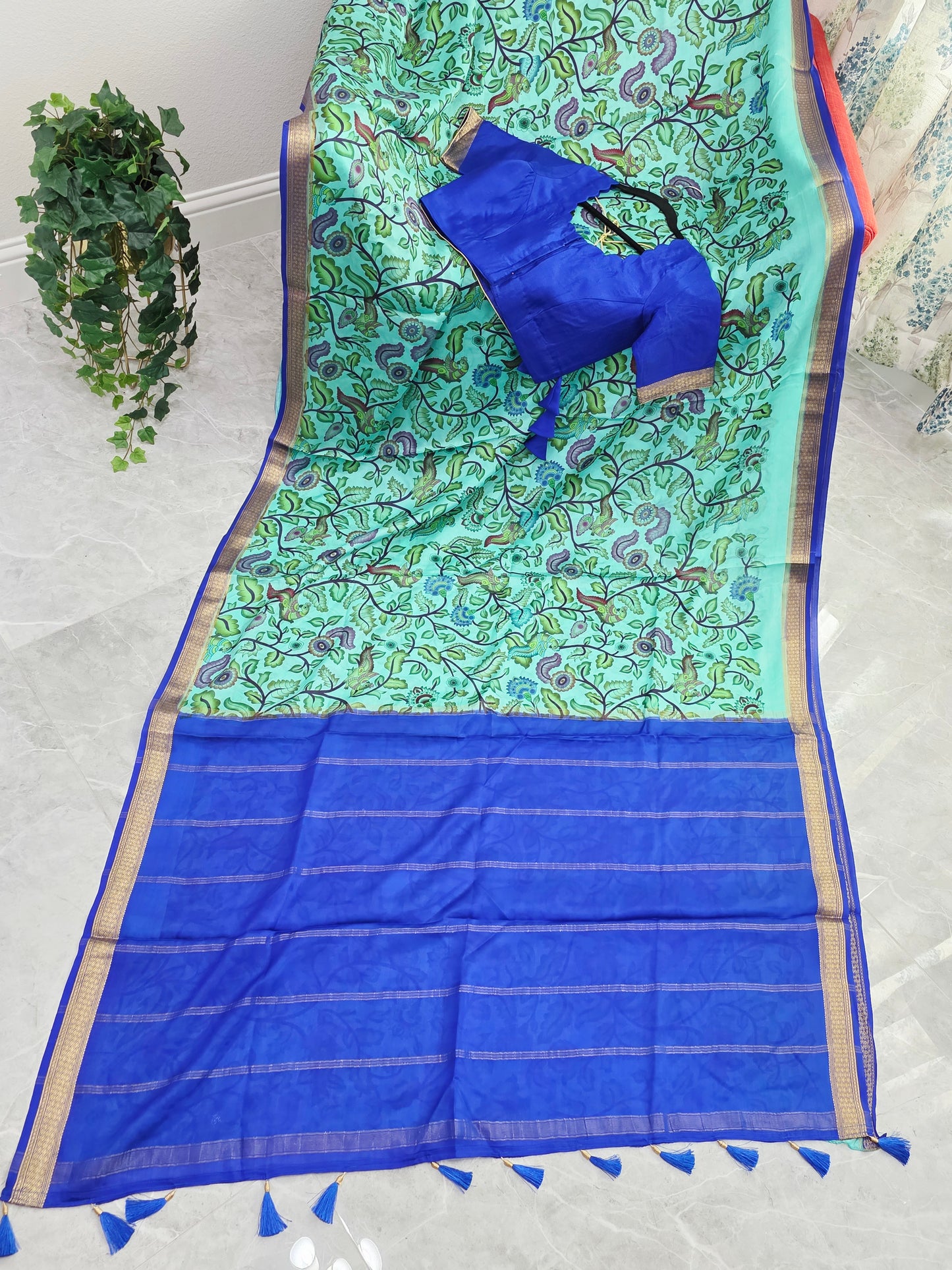 Aqua Mint & Royal Blue Pure Mysore Crepe Silk Kalamkari Saree With Stitched Blouse