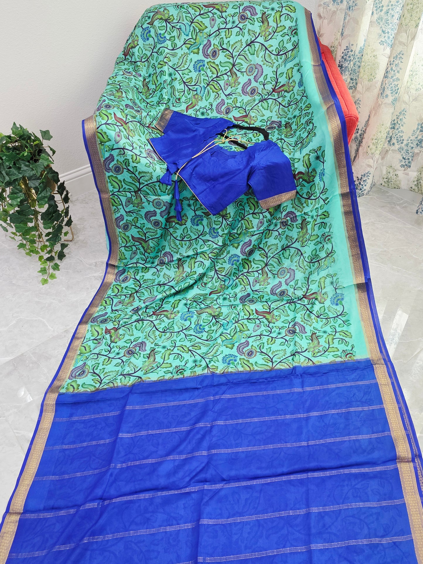 Aqua Mint & Royal Blue Pure Mysore Crepe Silk Kalamkari Saree With Stitched Blouse