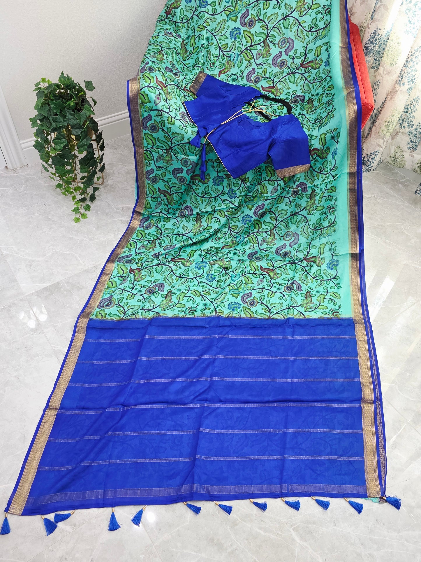 Aqua Mint & Royal Blue Pure Mysore Crepe Silk Kalamkari Saree With Stitched Blouse
