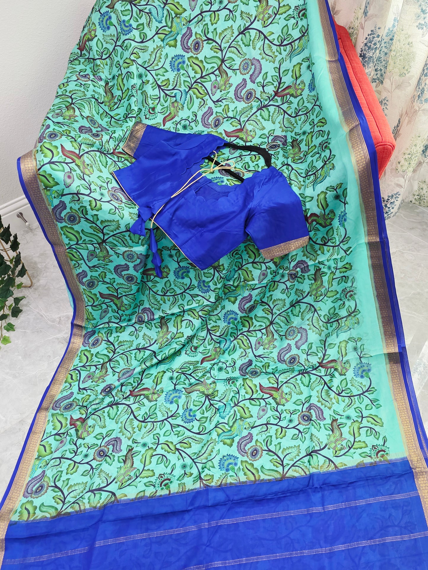 Aqua Mint & Royal Blue Pure Mysore Crepe Silk Kalamkari Saree With Stitched Blouse