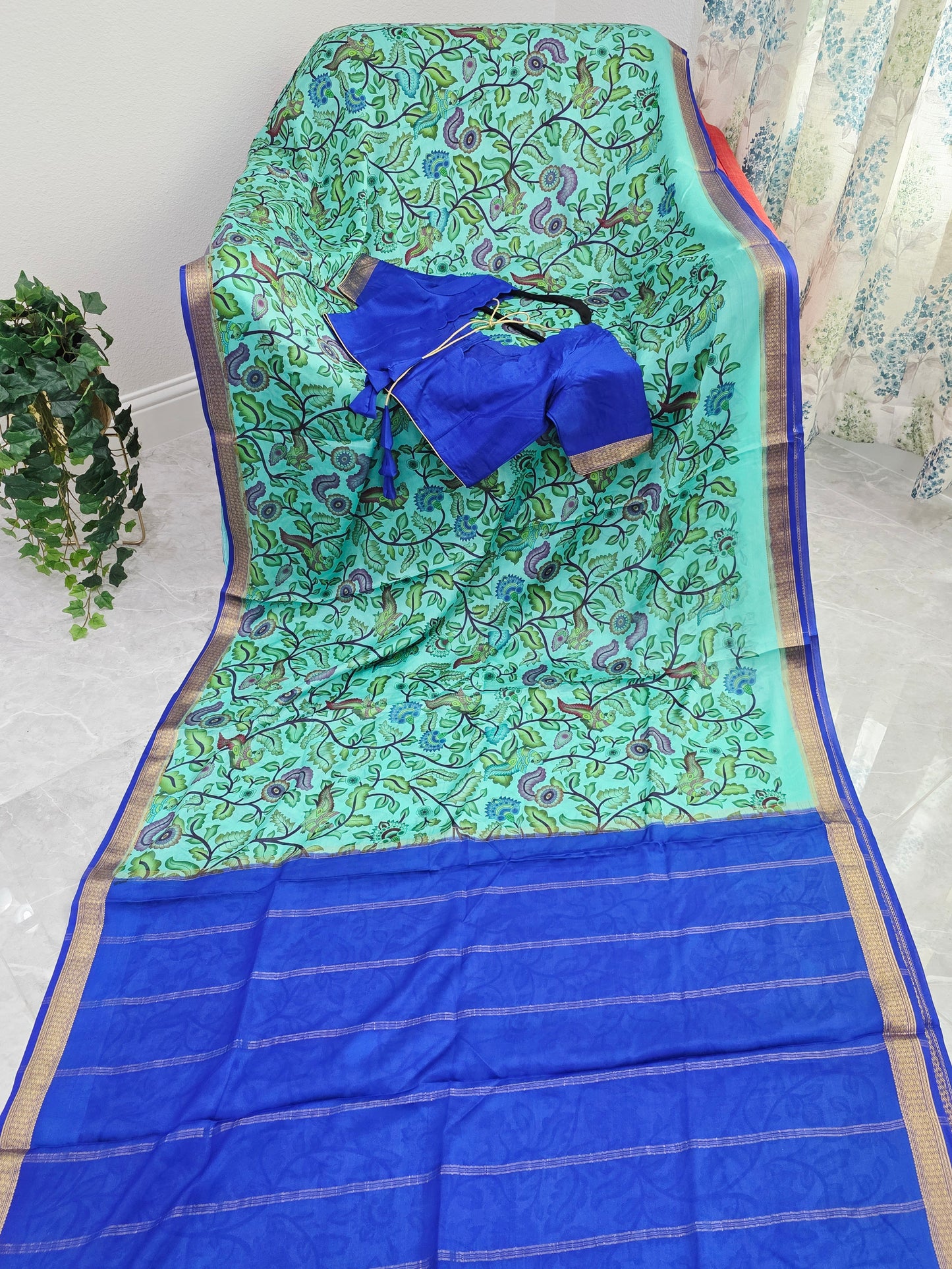 Aqua Mint & Royal Blue Pure Mysore Crepe Silk Kalamkari Saree With Stitched Blouse