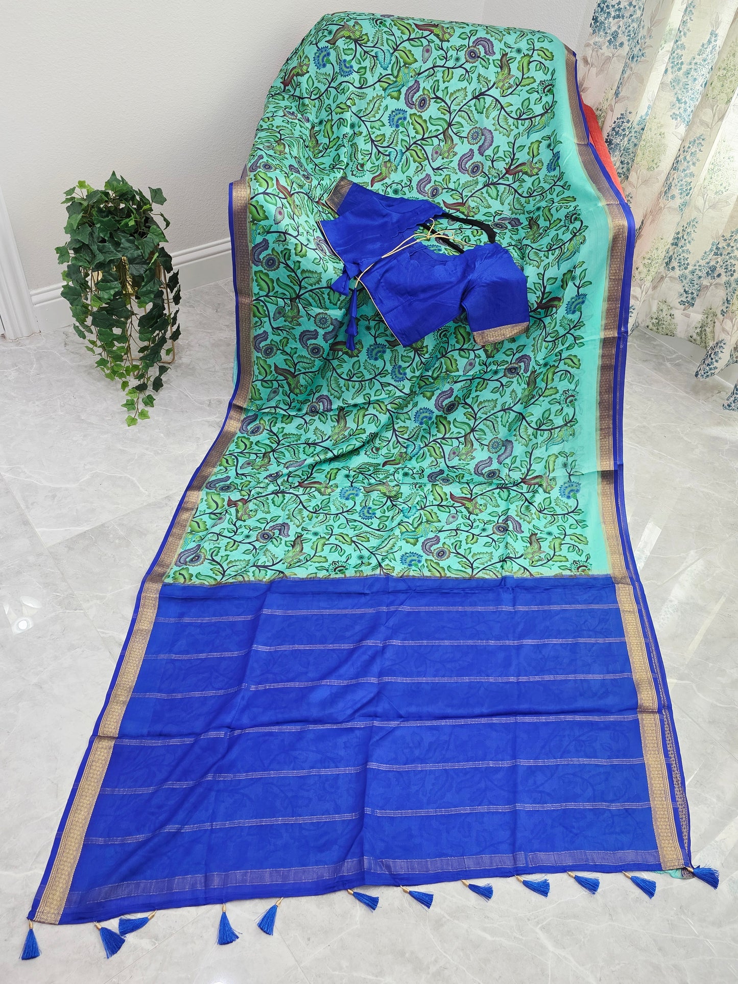 Aqua Mint & Royal Blue Pure Mysore Crepe Silk Kalamkari Saree With Stitched Blouse