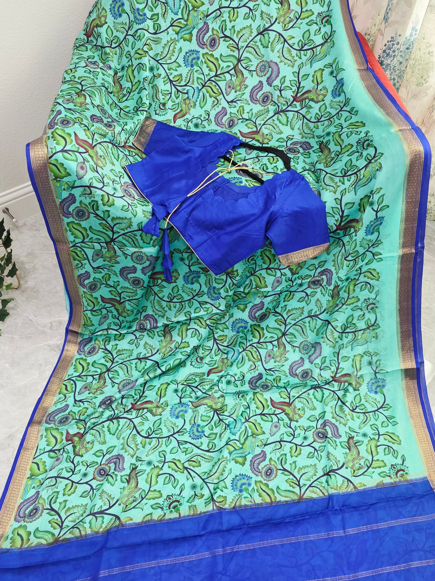 Aqua Mint & Royal Blue Pure Mysore Crepe Silk Kalamkari Saree With Stitched Blouse