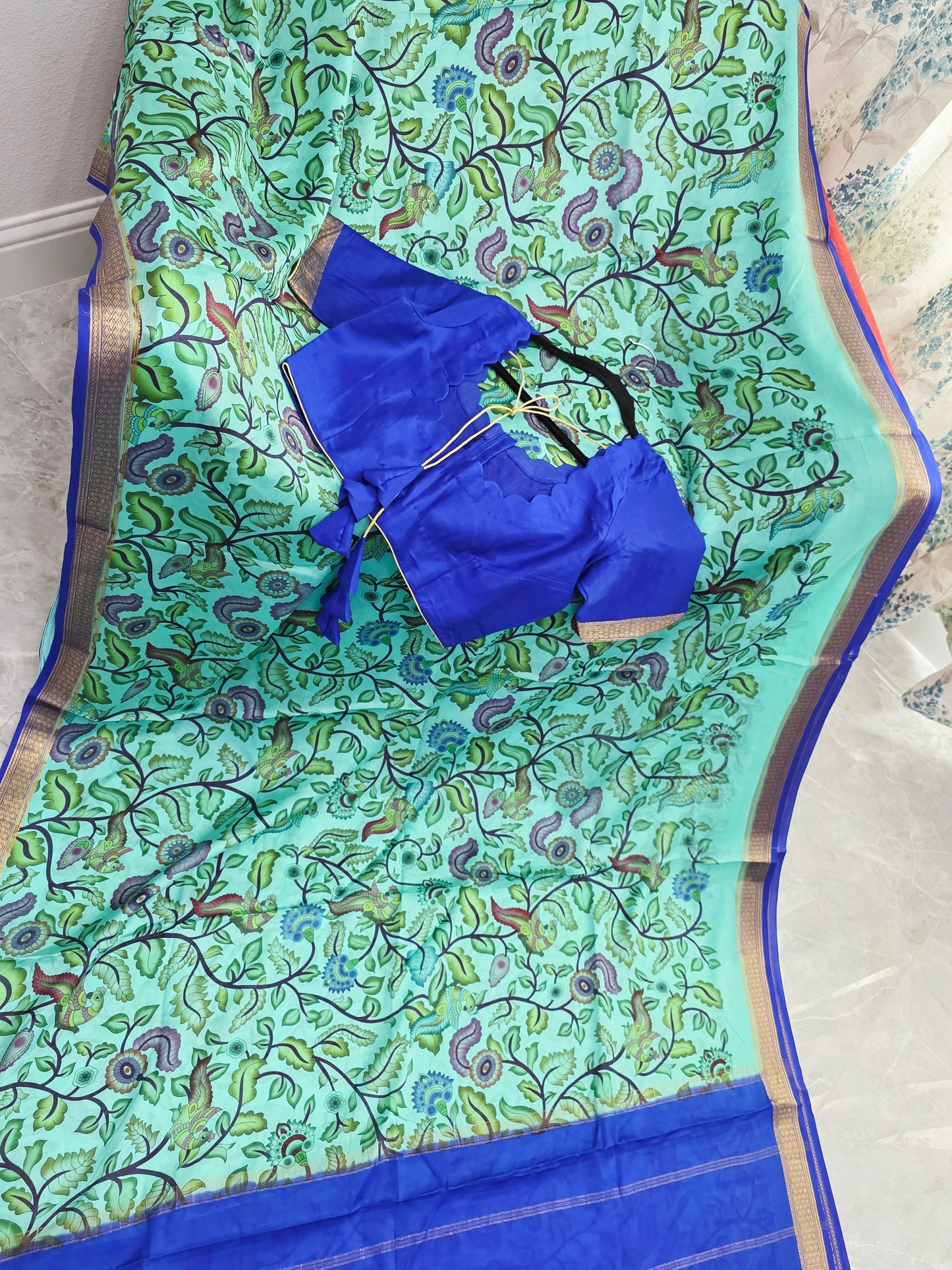 Aqua Mint & Royal Blue Pure Mysore Crepe Silk Kalamkari Saree With Stitched Blouse