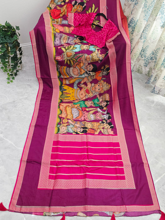 Royal Orchid Magenta Gap Border Designer Kalamkari Crepe Silk Saree With Stitched Blouse