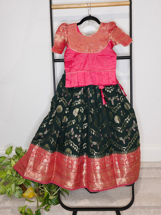 Emerald Bottle Green & Rose Pink Mango Benarasi Lehenga Blouse Set for Girls 5–6 Years