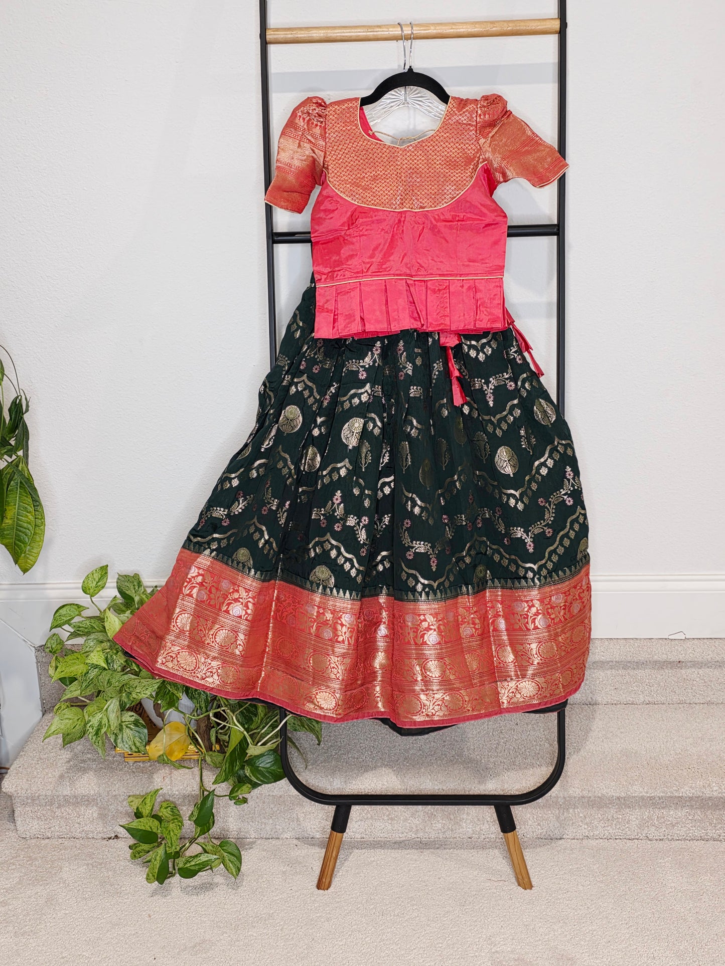 Emerald Bottle Green & Rose Pink Mango Benarasi Lehenga Blouse Set for Girls 5–6 Years