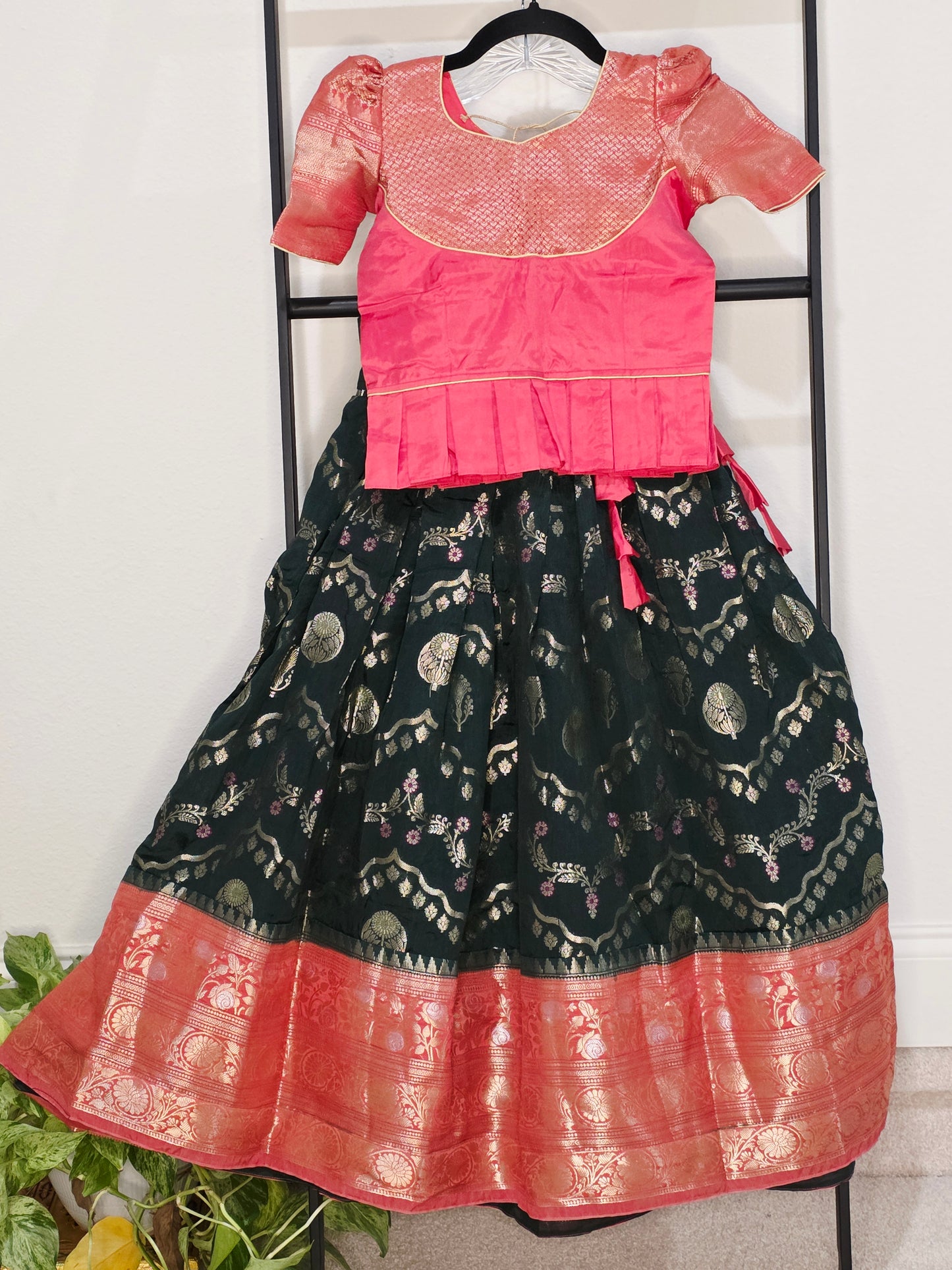 Emerald Bottle Green & Rose Pink Mango Benarasi Lehenga Blouse Set for Girls 5–6 Years