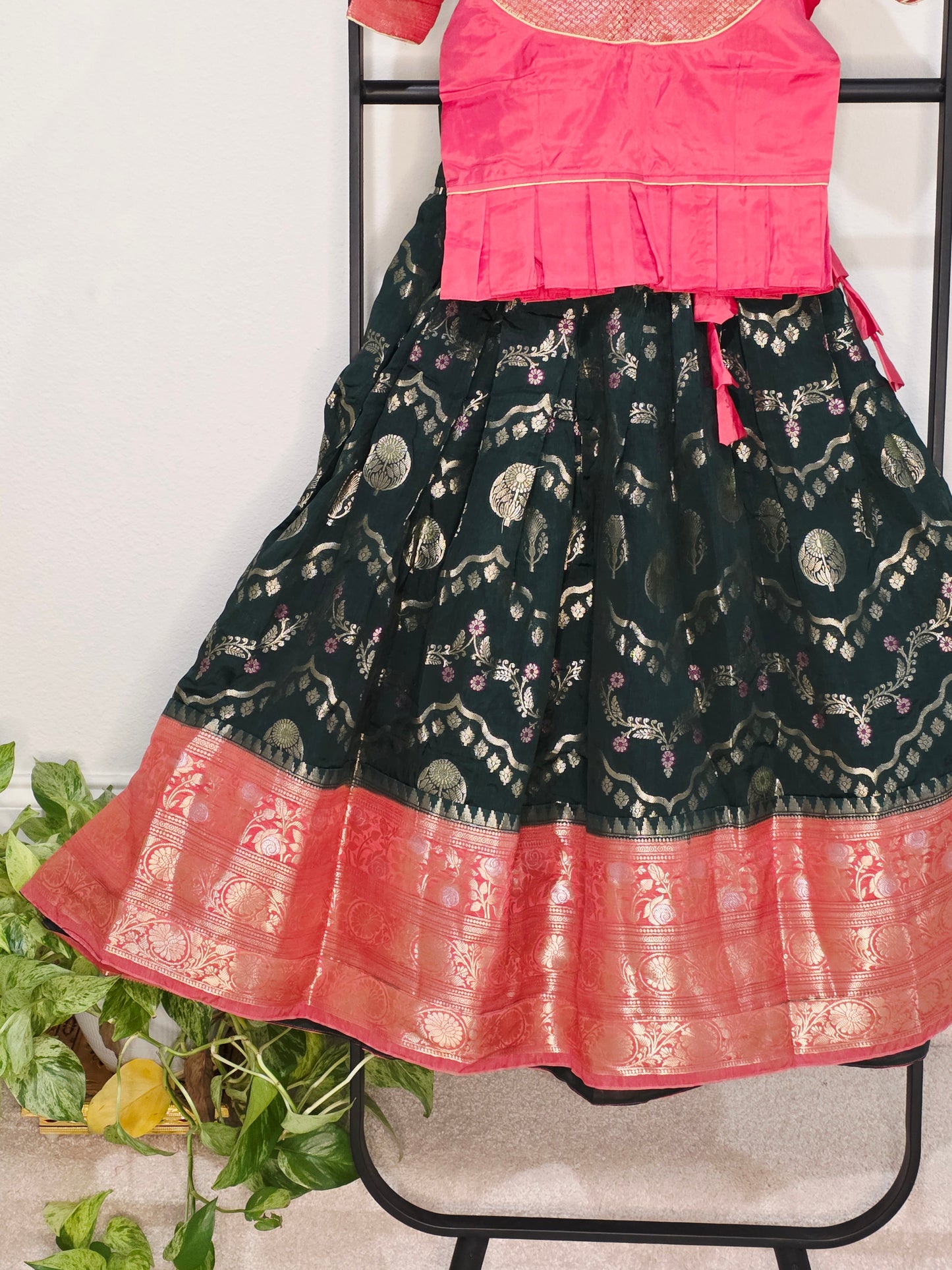 Emerald Bottle Green & Rose Pink Mango Benarasi Lehenga Blouse Set for Girls 5–6 Years