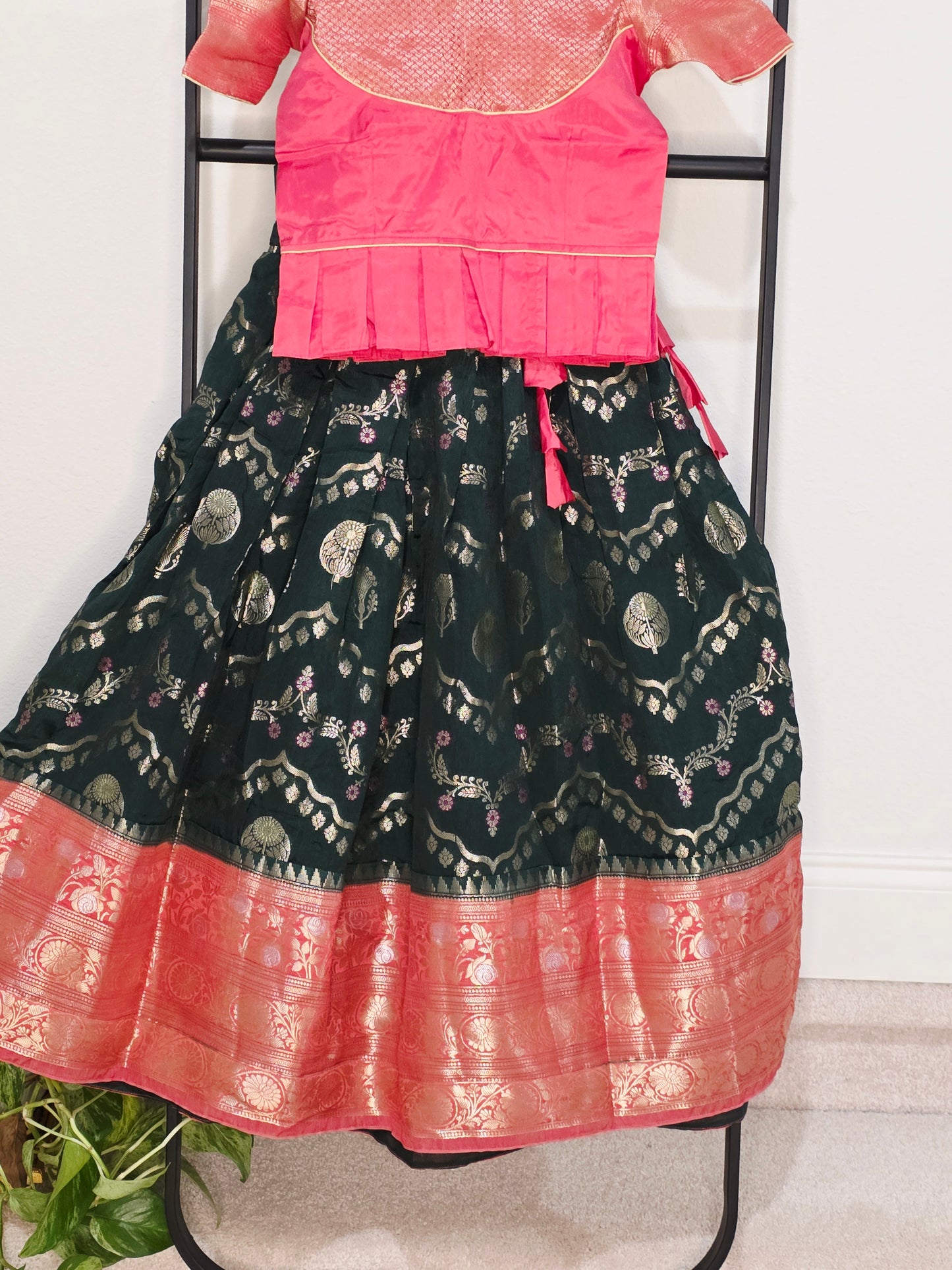 Emerald Bottle Green & Rose Pink Mango Benarasi Lehenga Blouse Set for Girls 5–6 Years