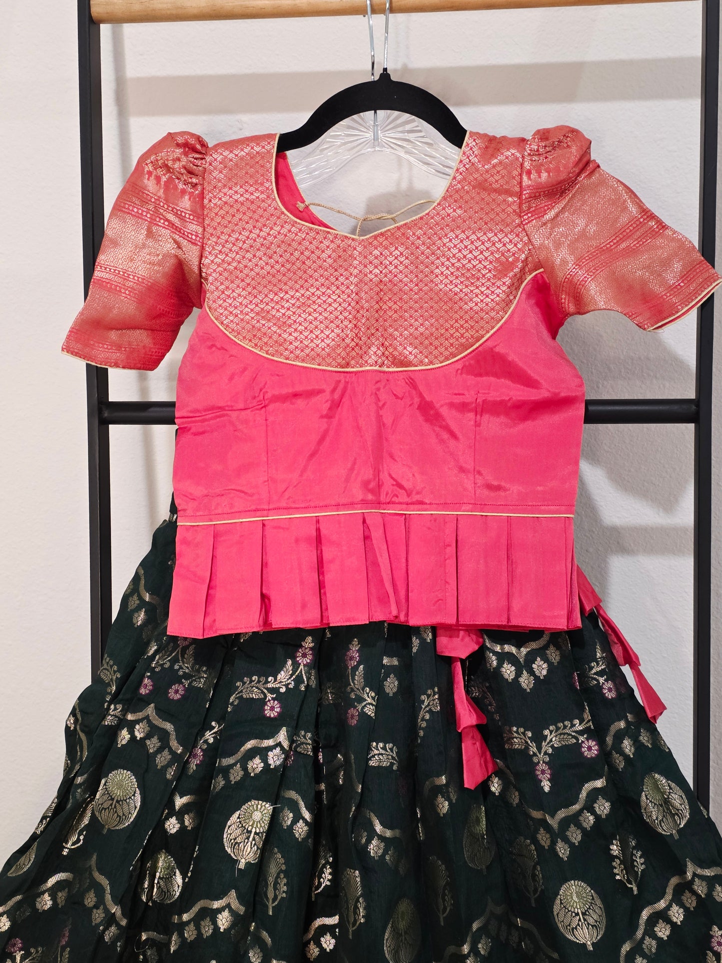 Emerald Bottle Green & Rose Pink Mango Benarasi Lehenga Blouse Set for Girls 5–6 Years