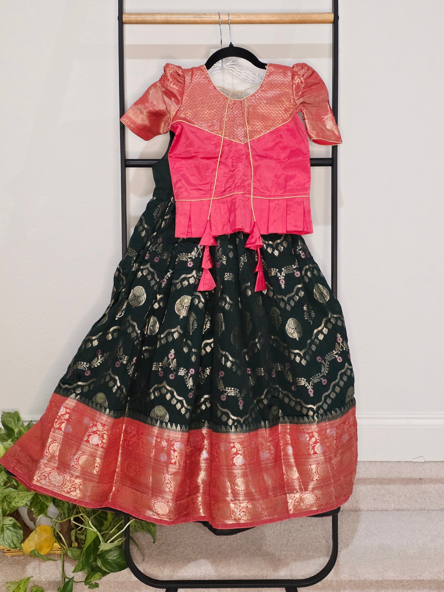 Emerald Bottle Green & Rose Pink Mango Benarasi Lehenga Blouse Set for Girls 5–6 Years