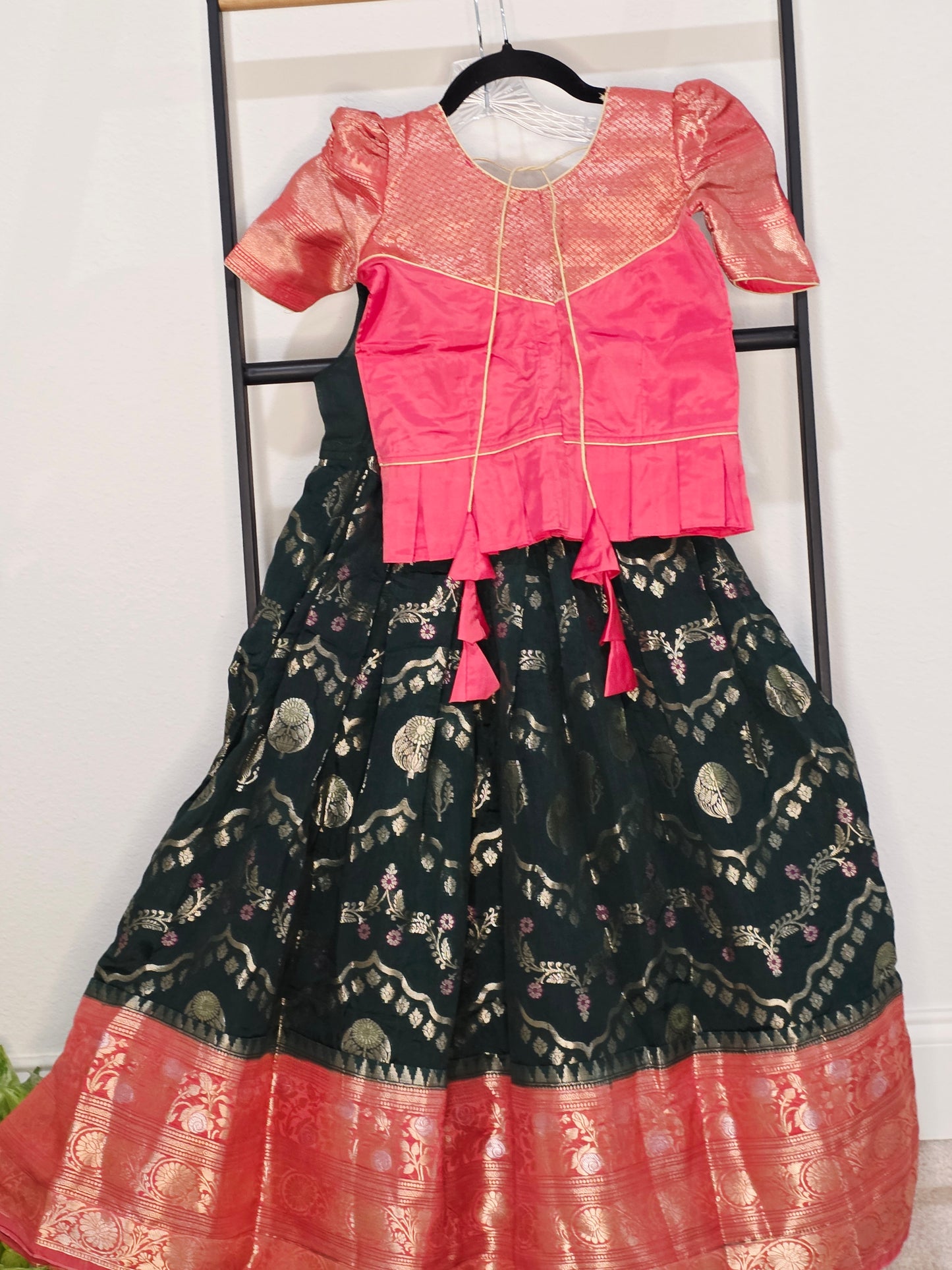 Emerald Bottle Green & Rose Pink Mango Benarasi Lehenga Blouse Set for Girls 5–6 Years