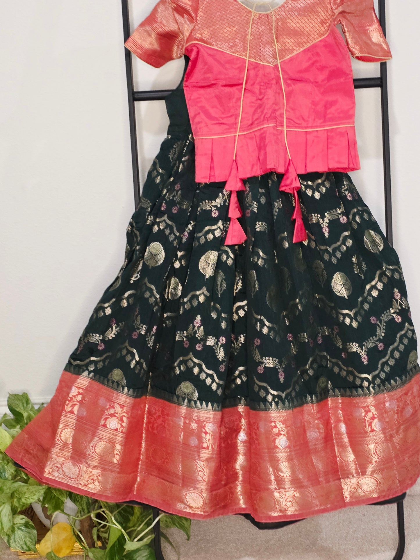 Emerald Bottle Green & Rose Pink Mango Benarasi Lehenga Blouse Set for Girls 5–6 Years