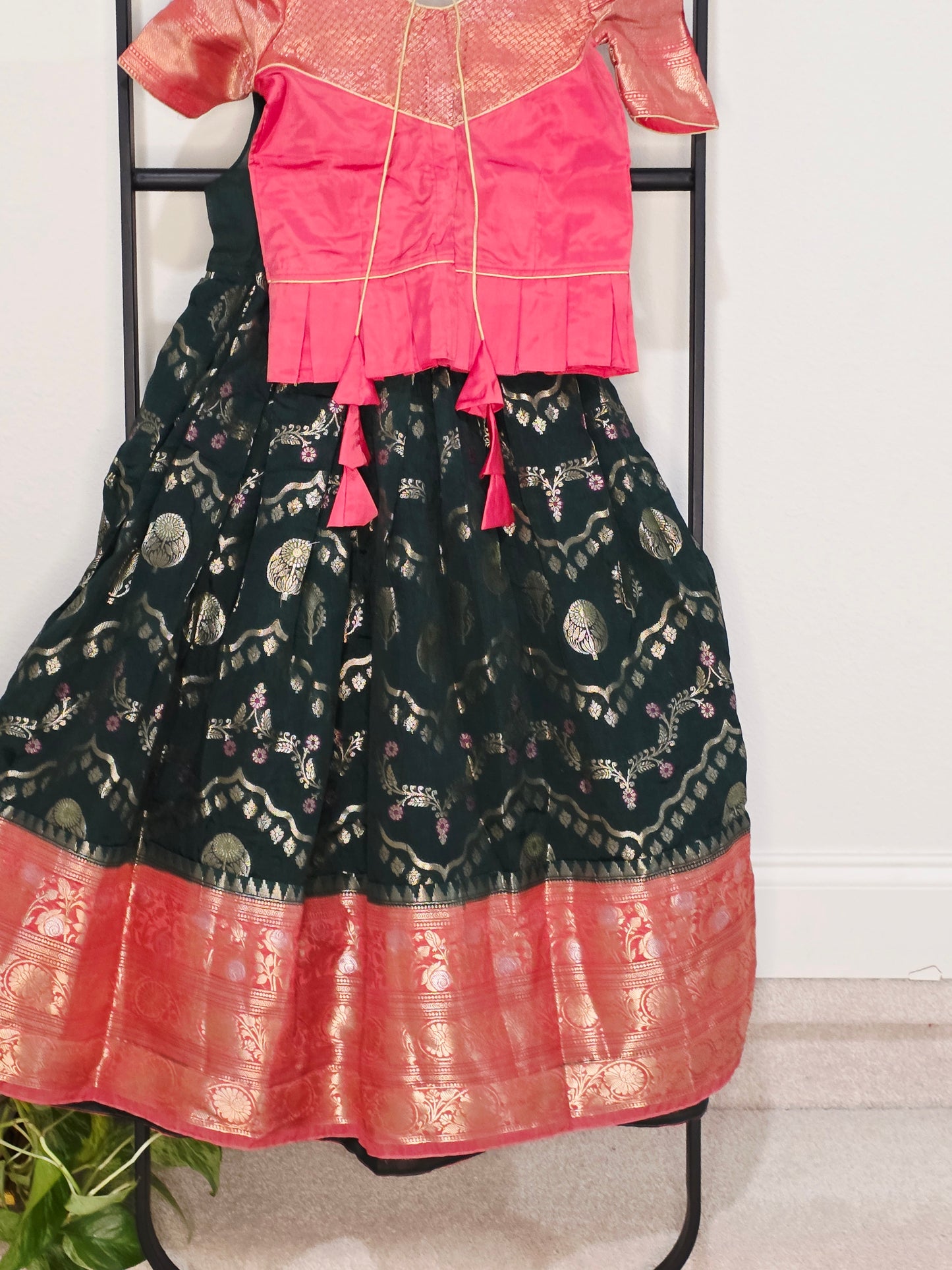 Emerald Bottle Green & Rose Pink Mango Benarasi Lehenga Blouse Set for Girls 5–6 Years