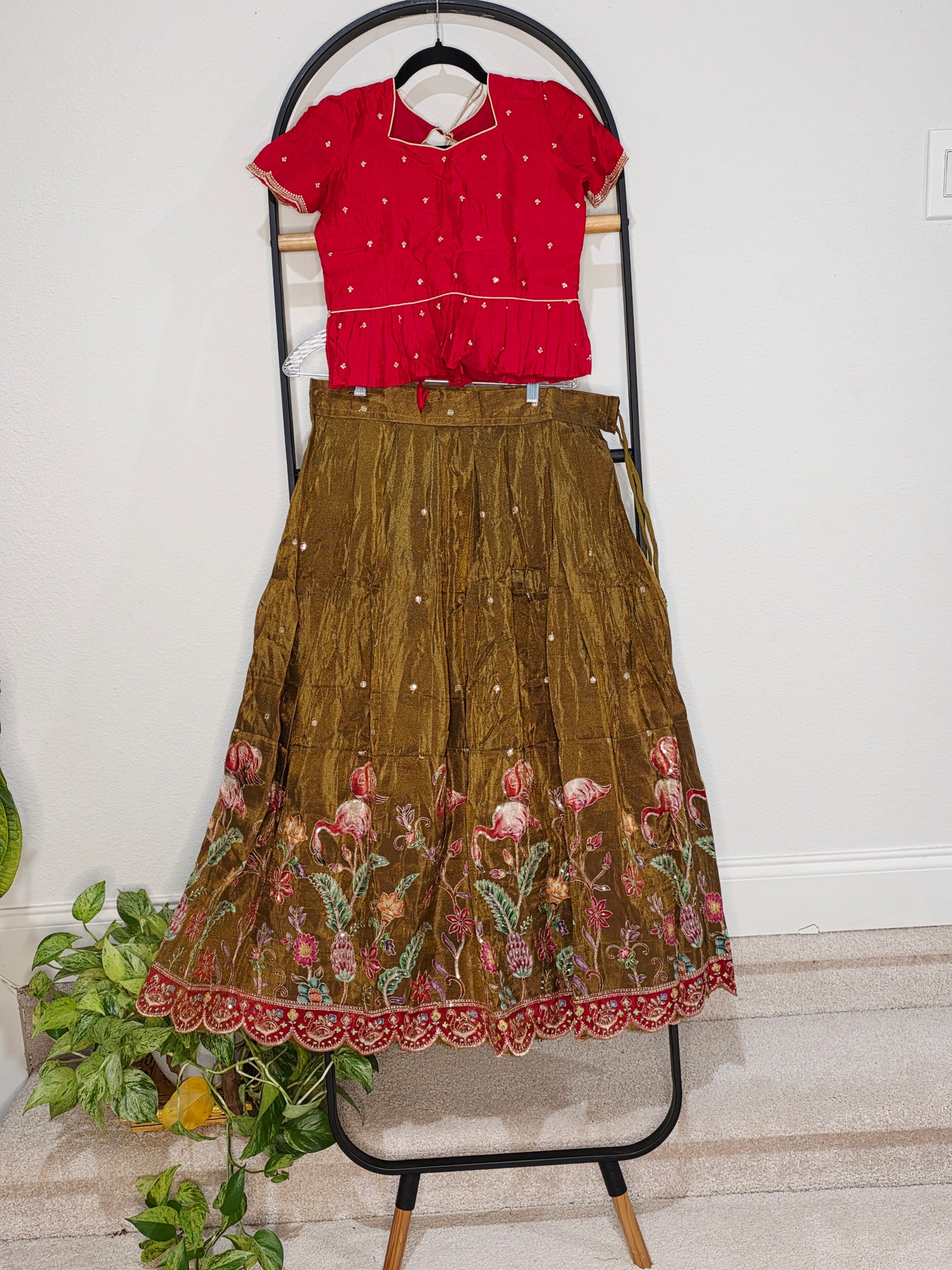 Crimson Ruby & Antique Olive Gold Tissue Fabric Swan Bird Floral Embroidery Lehenga Blouse Set for Girls 11–12 Years