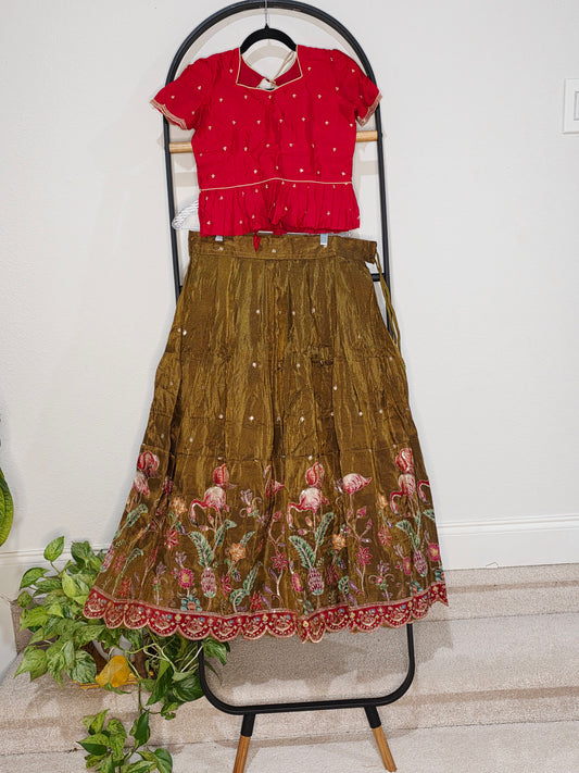 Crimson Ruby & Antique Olive Gold Tissue Fabric Swan Bird Floral Embroidery Lehenga Blouse Set for Girls 11–12 Years