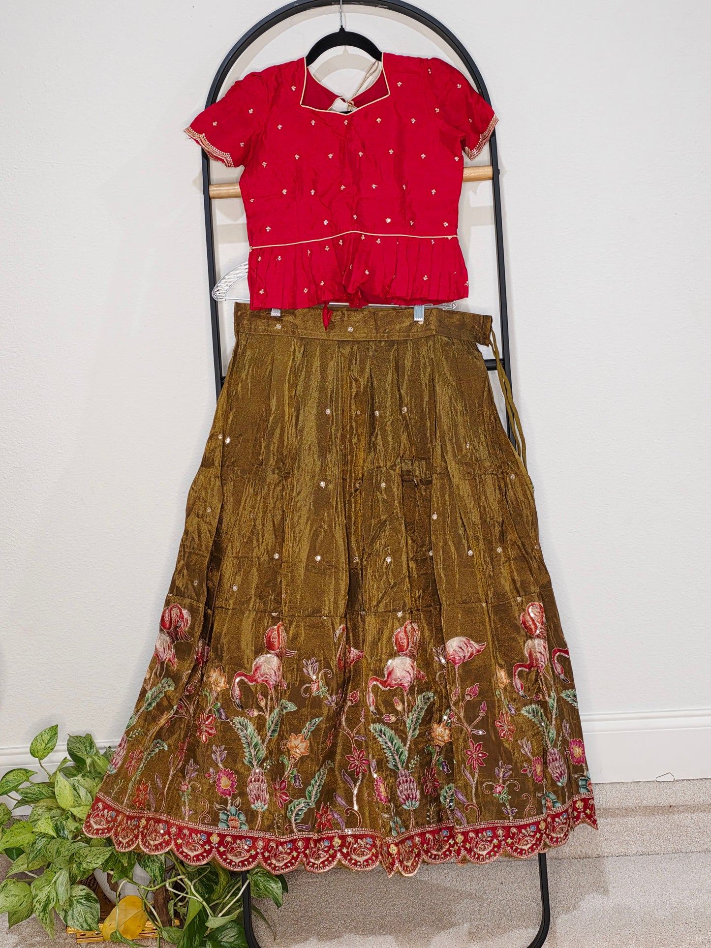 Crimson Ruby & Antique Olive Gold Tissue Fabric Swan Bird Floral Embroidery Lehenga Blouse Set for Girls 11–12 Years