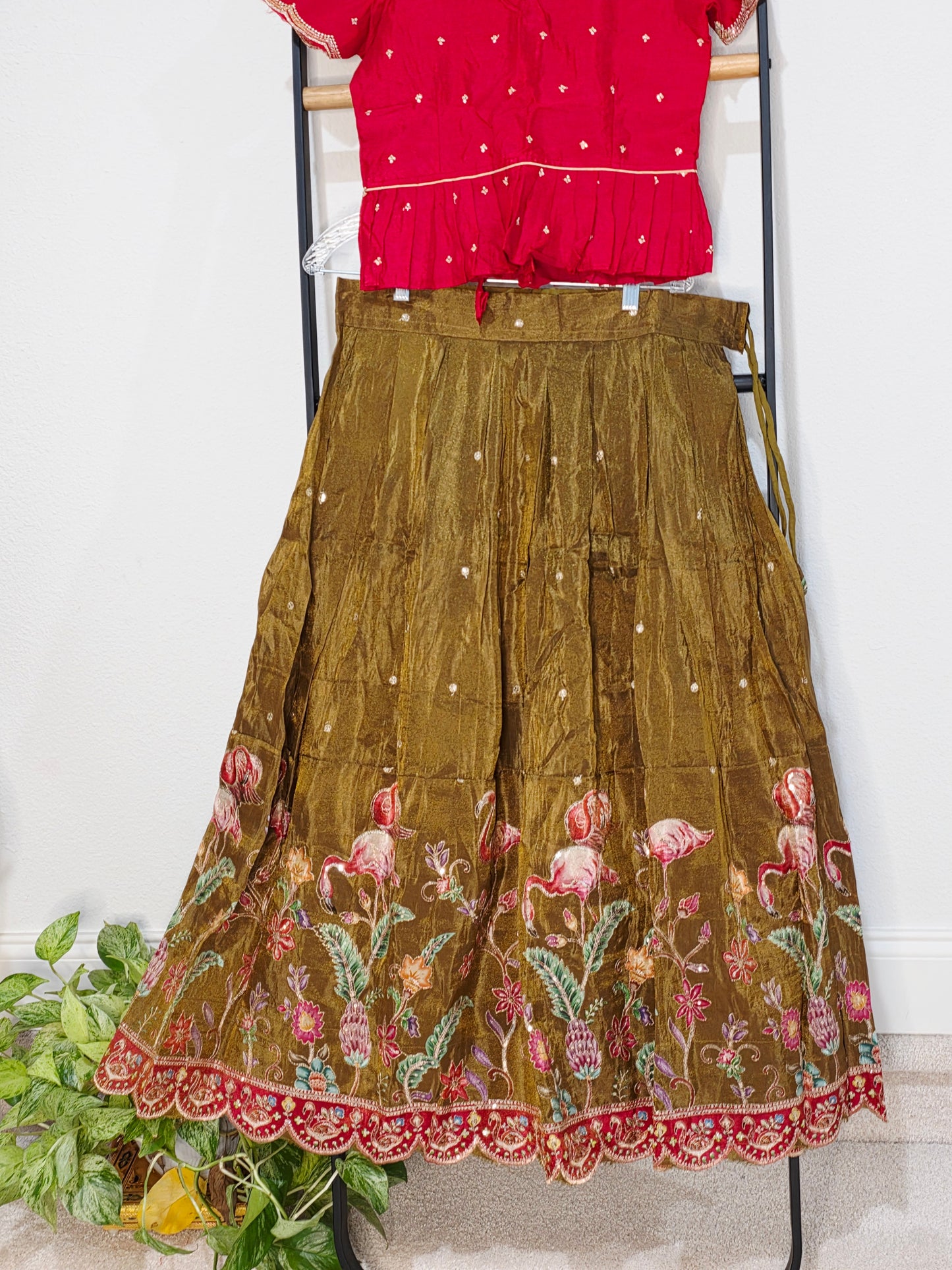 Crimson Ruby & Antique Olive Gold Tissue Fabric Swan Bird Floral Embroidery Lehenga Blouse Set for Girls 11–12 Years