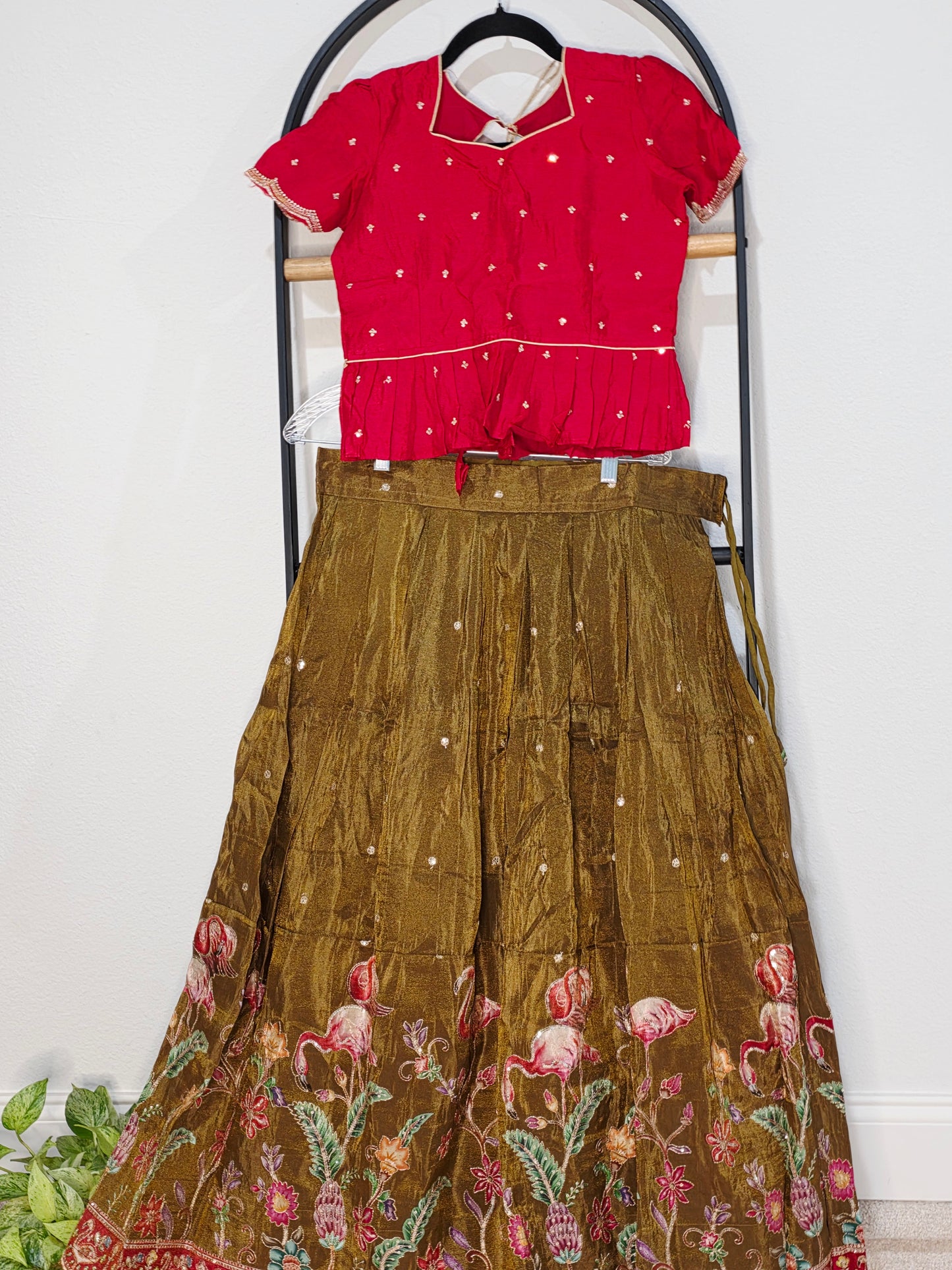 Crimson Ruby & Antique Olive Gold Tissue Fabric Swan Bird Floral Embroidery Lehenga Blouse Set for Girls 11–12 Years