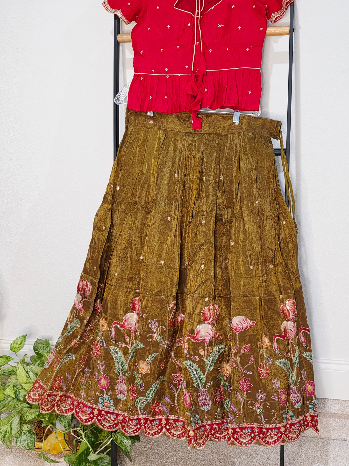 Crimson Ruby & Antique Olive Gold Tissue Fabric Swan Bird Floral Embroidery Lehenga Blouse Set for Girls 11–12 Years