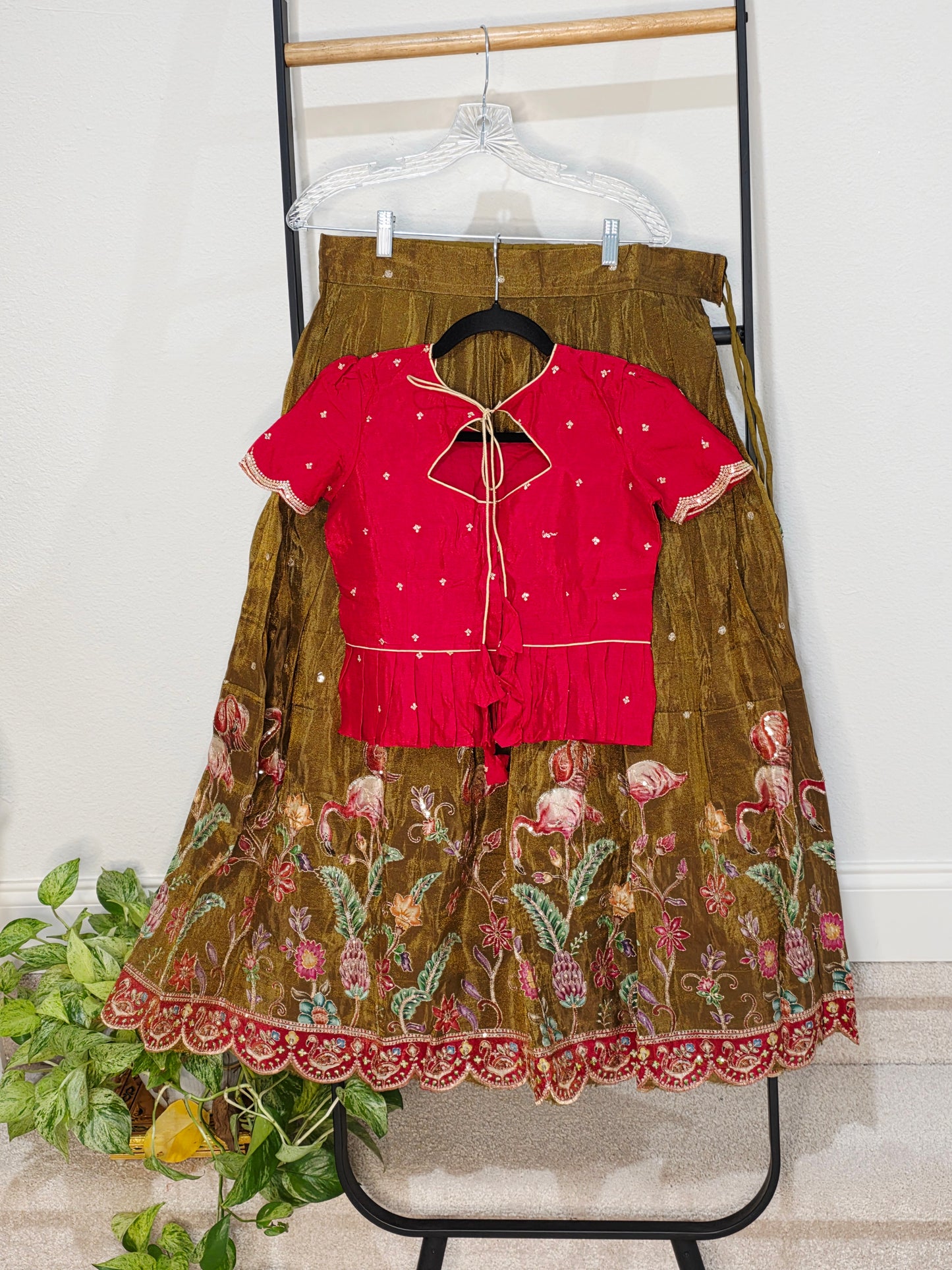Crimson Ruby & Antique Olive Gold Tissue Fabric Swan Bird Floral Embroidery Lehenga Blouse Set for Girls 11–12 Years