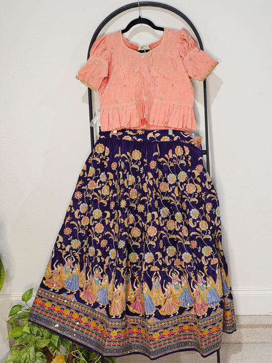 Blush Peach & Midnight Violet Munga Benarasi Kalamkari Outline Embroidery Lehenga Blouse Set for Girls 12–13 Years