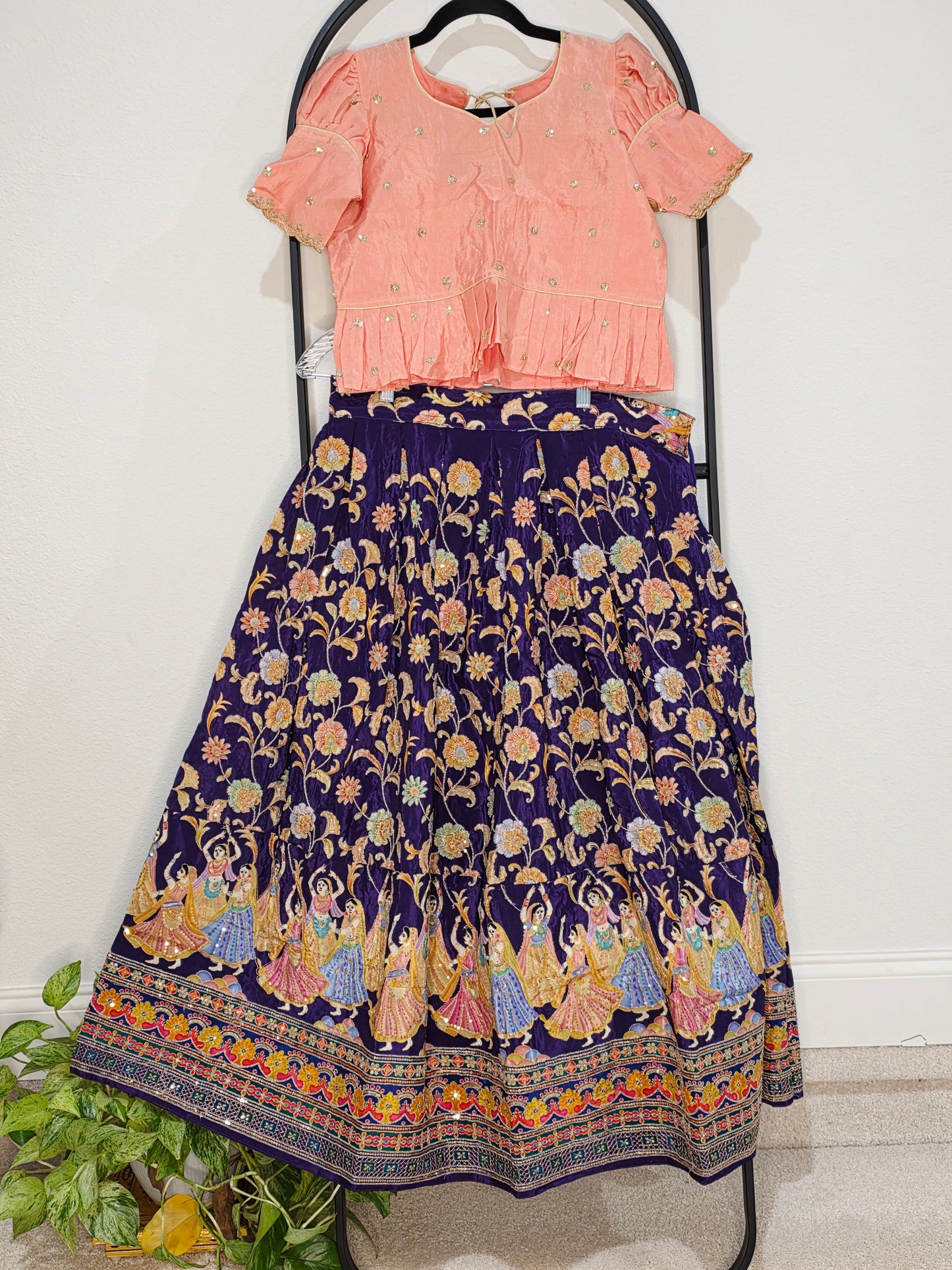 Blush Peach & Midnight Violet Munga Benarasi Kalamkari Outline Embroidery Lehenga Blouse Set for Girls 12–13 Years