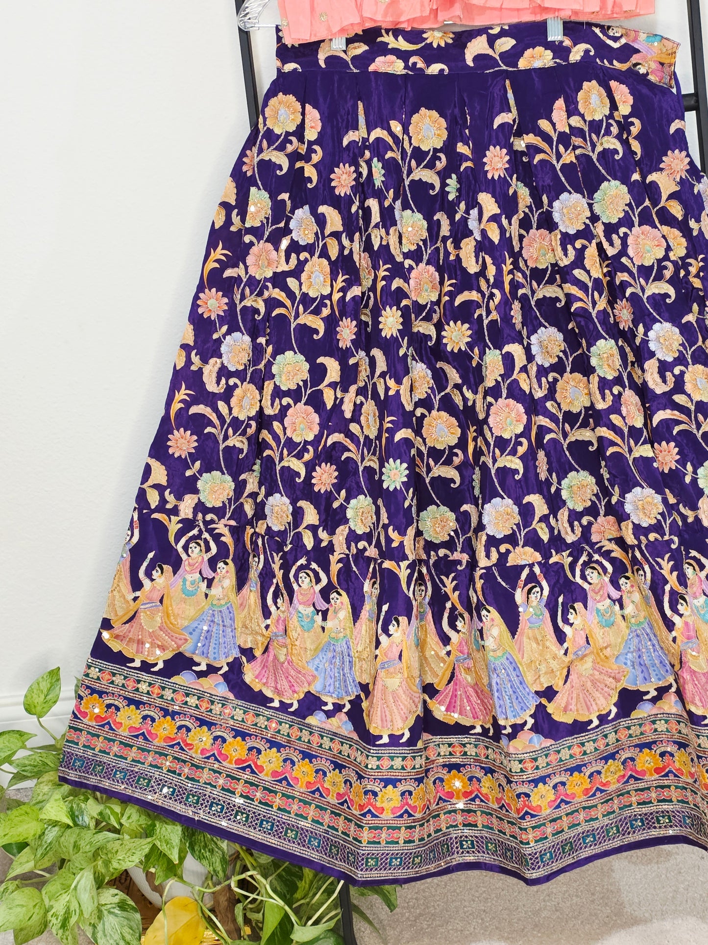 Blush Peach & Midnight Violet Munga Benarasi Kalamkari Outline Embroidery Lehenga Blouse Set for Girls 12–13 Years