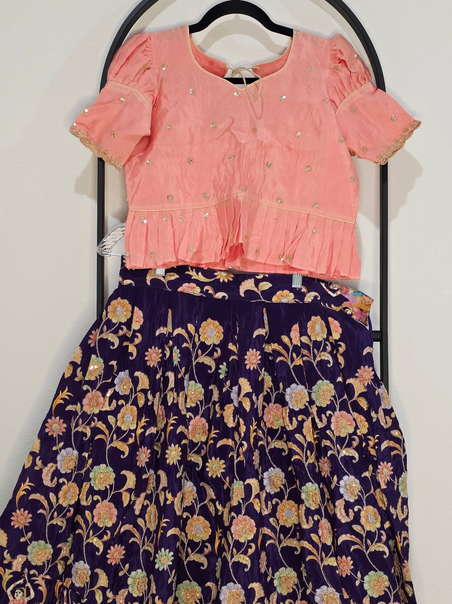Blush Peach & Midnight Violet Munga Benarasi Kalamkari Outline Embroidery Lehenga Blouse Set for Girls 12–13 Years