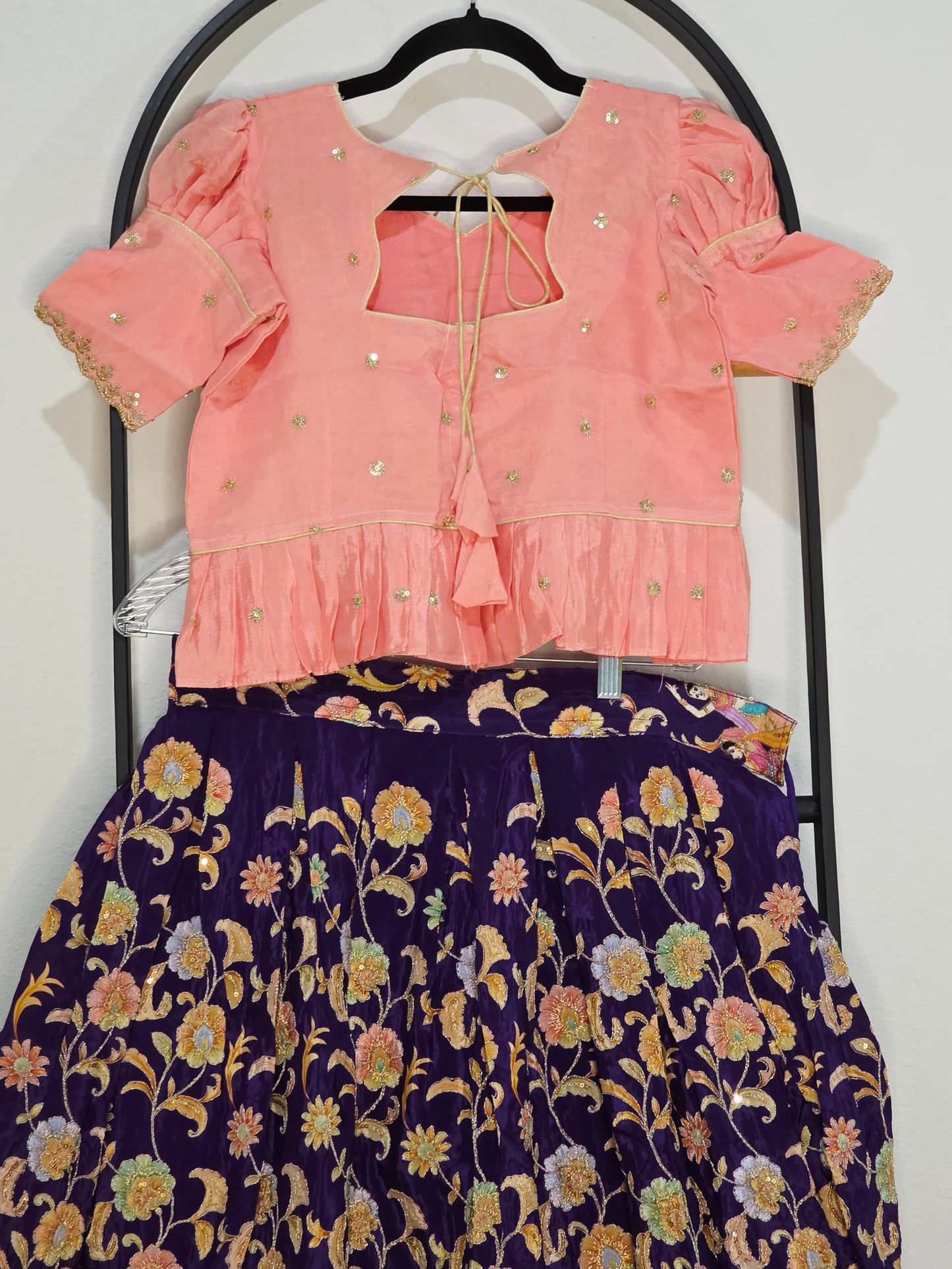 Blush Peach & Midnight Violet Munga Benarasi Kalamkari Outline Embroidery Lehenga Blouse Set for Girls 12–13 Years