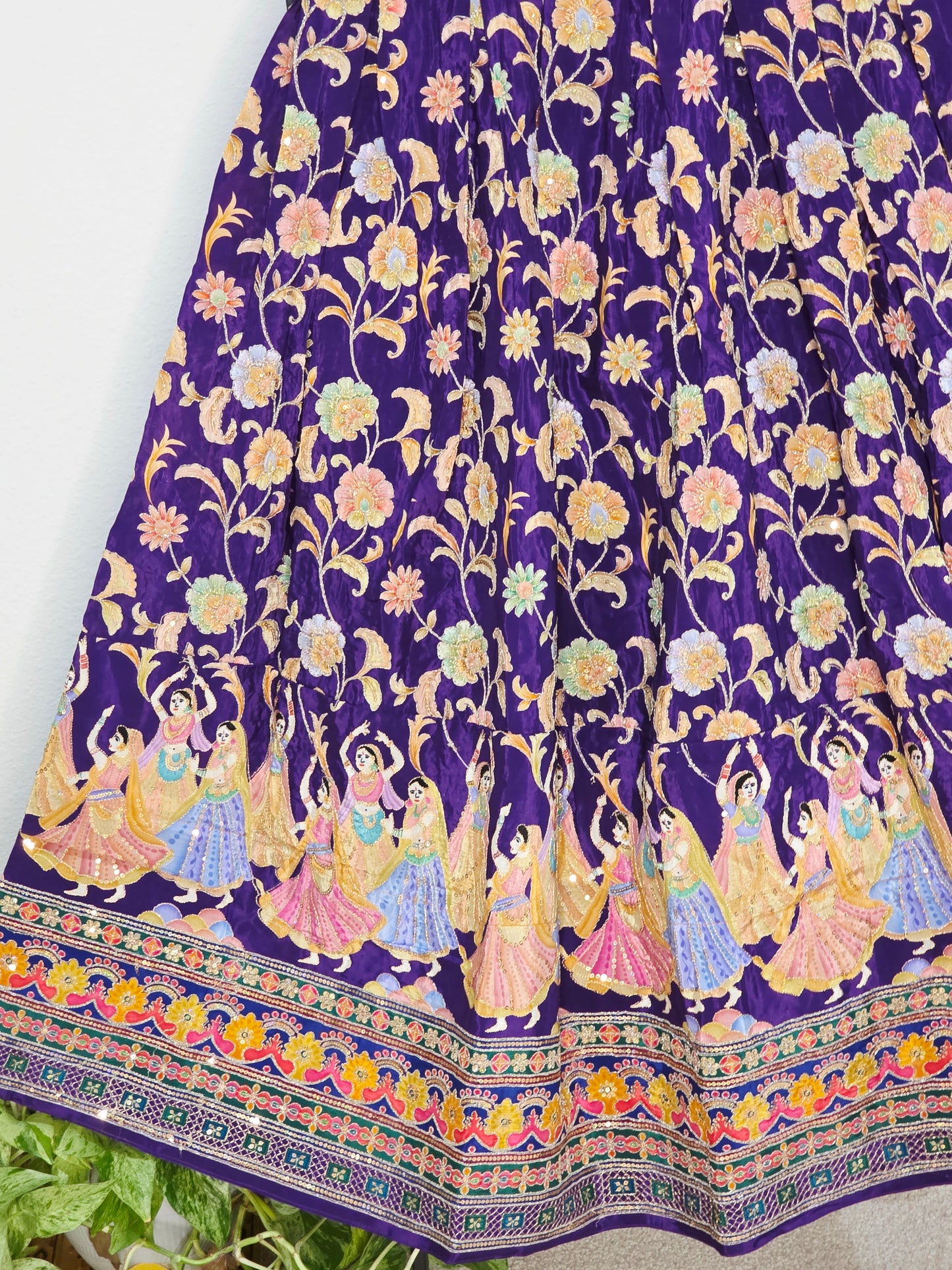 Blush Peach & Midnight Violet Munga Benarasi Kalamkari Outline Embroidery Lehenga Blouse Set for Girls 12–13 Years
