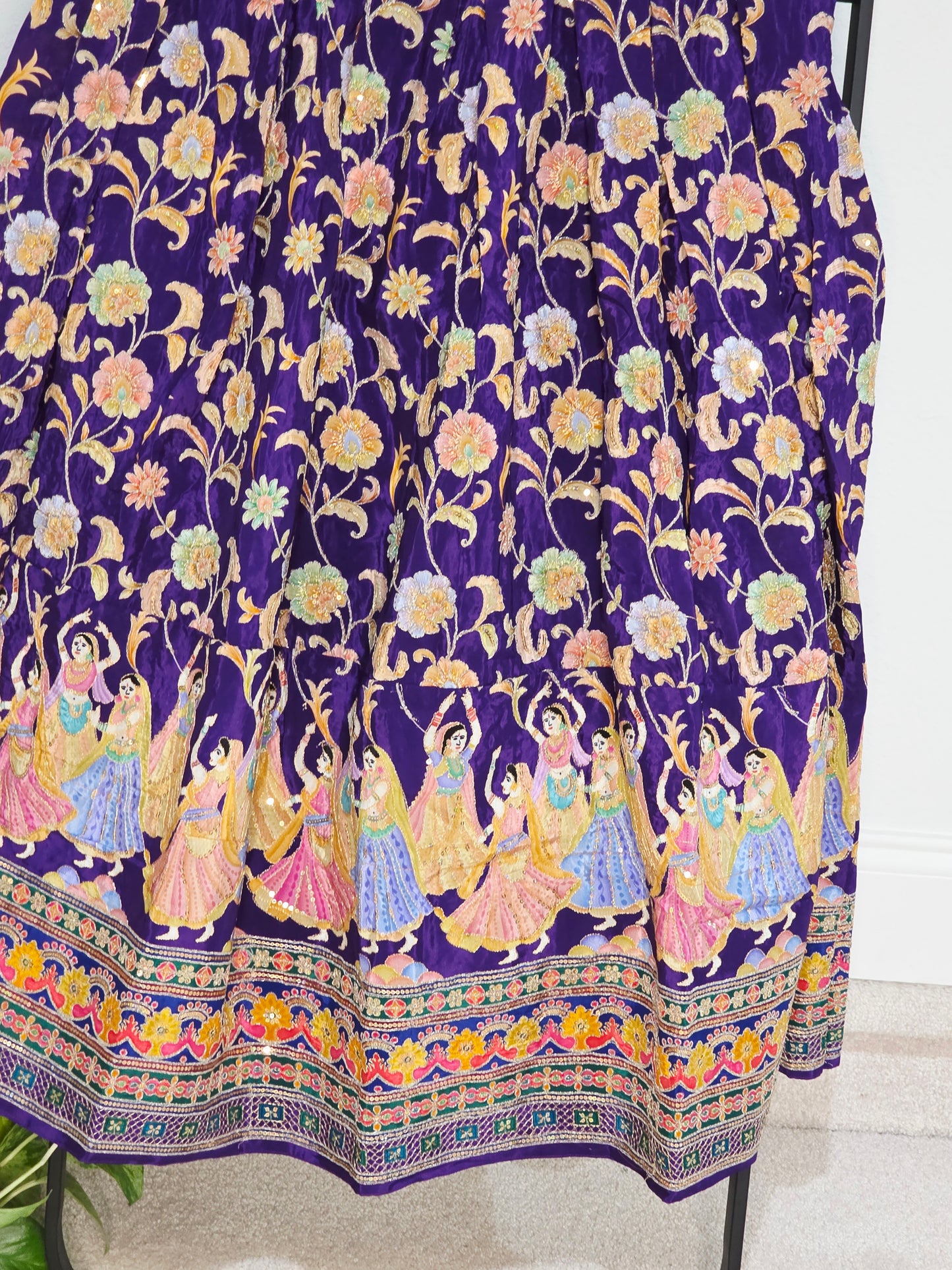 Blush Peach & Midnight Violet Munga Benarasi Kalamkari Outline Embroidery Lehenga Blouse Set for Girls 12–13 Years