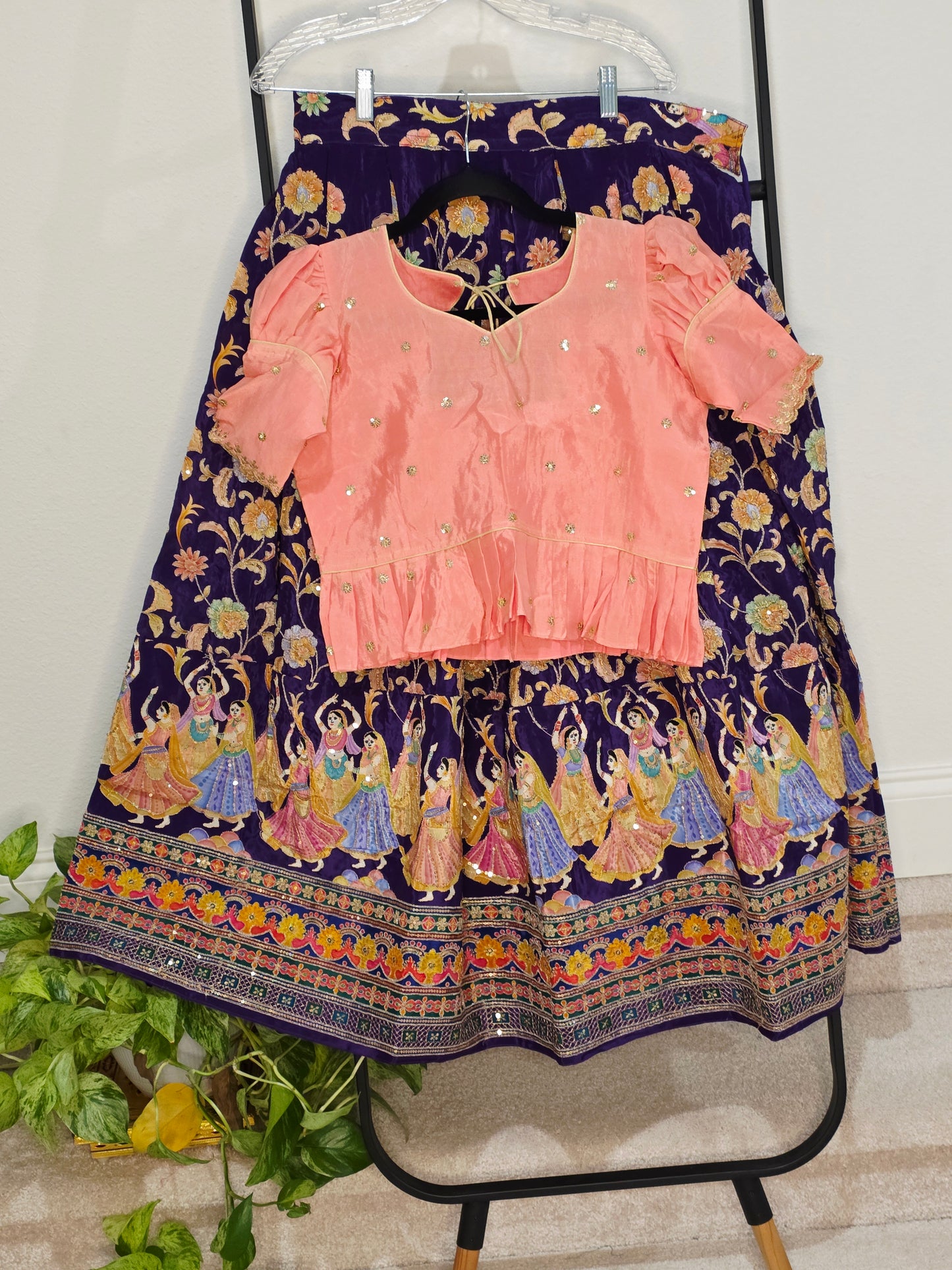 Blush Peach & Midnight Violet Munga Benarasi Kalamkari Outline Embroidery Lehenga Blouse Set for Girls 12–13 Years