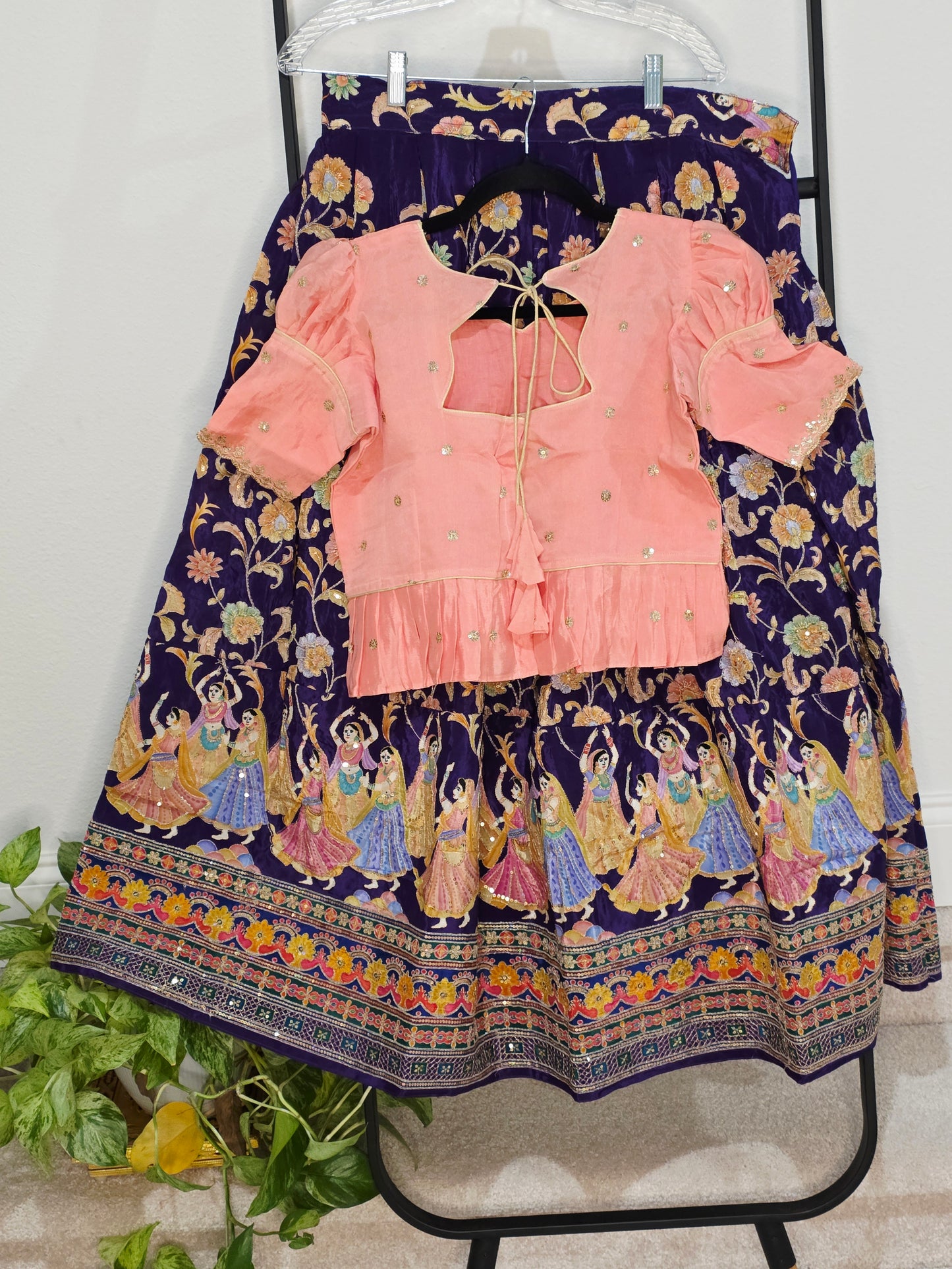Blush Peach & Midnight Violet Munga Benarasi Kalamkari Outline Embroidery Lehenga Blouse Set for Girls 12–13 Years