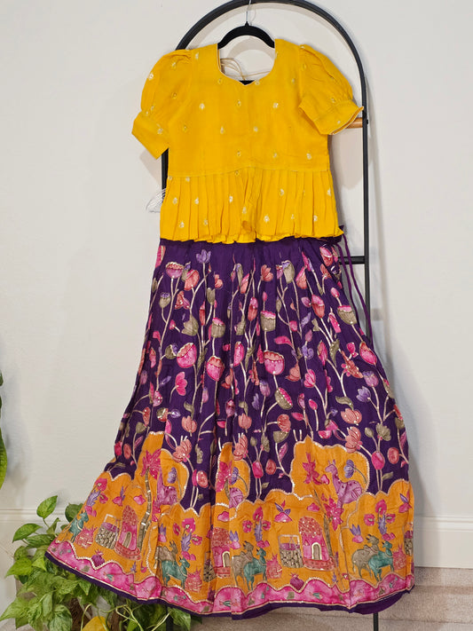 Royal Marigold & Regal Violet Munga Benarasi Kalamkari Outline Embroidery Lehenga Blouse Set for Girls 12–13 Years