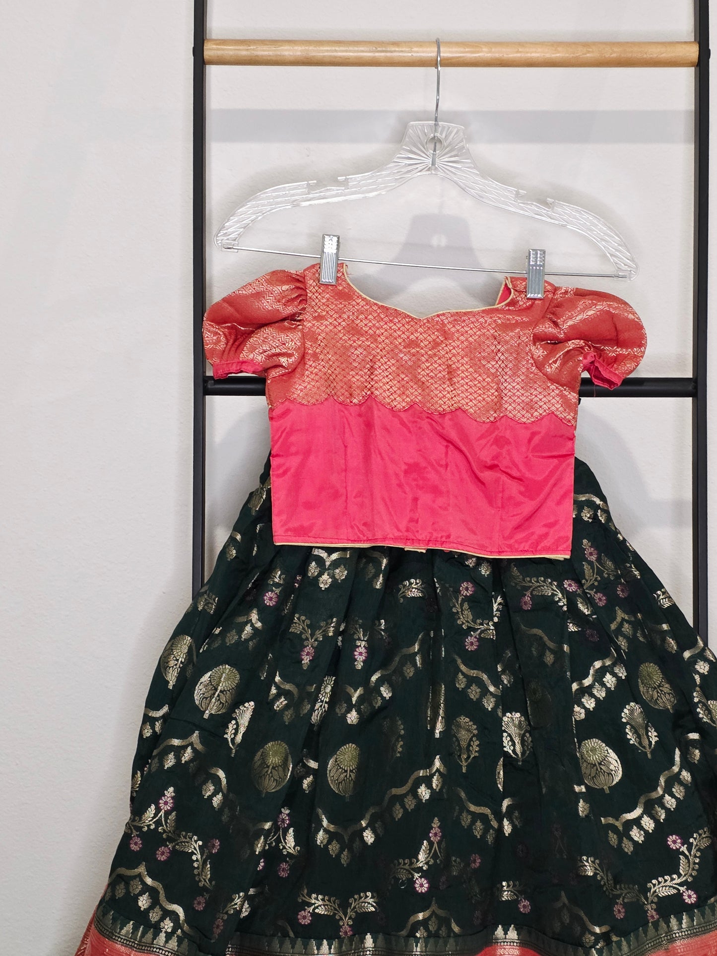 Emerald Bottle Green & Rose Pink Mango Benarasi Lehenga Blouse Set for Girls 3–4 Years