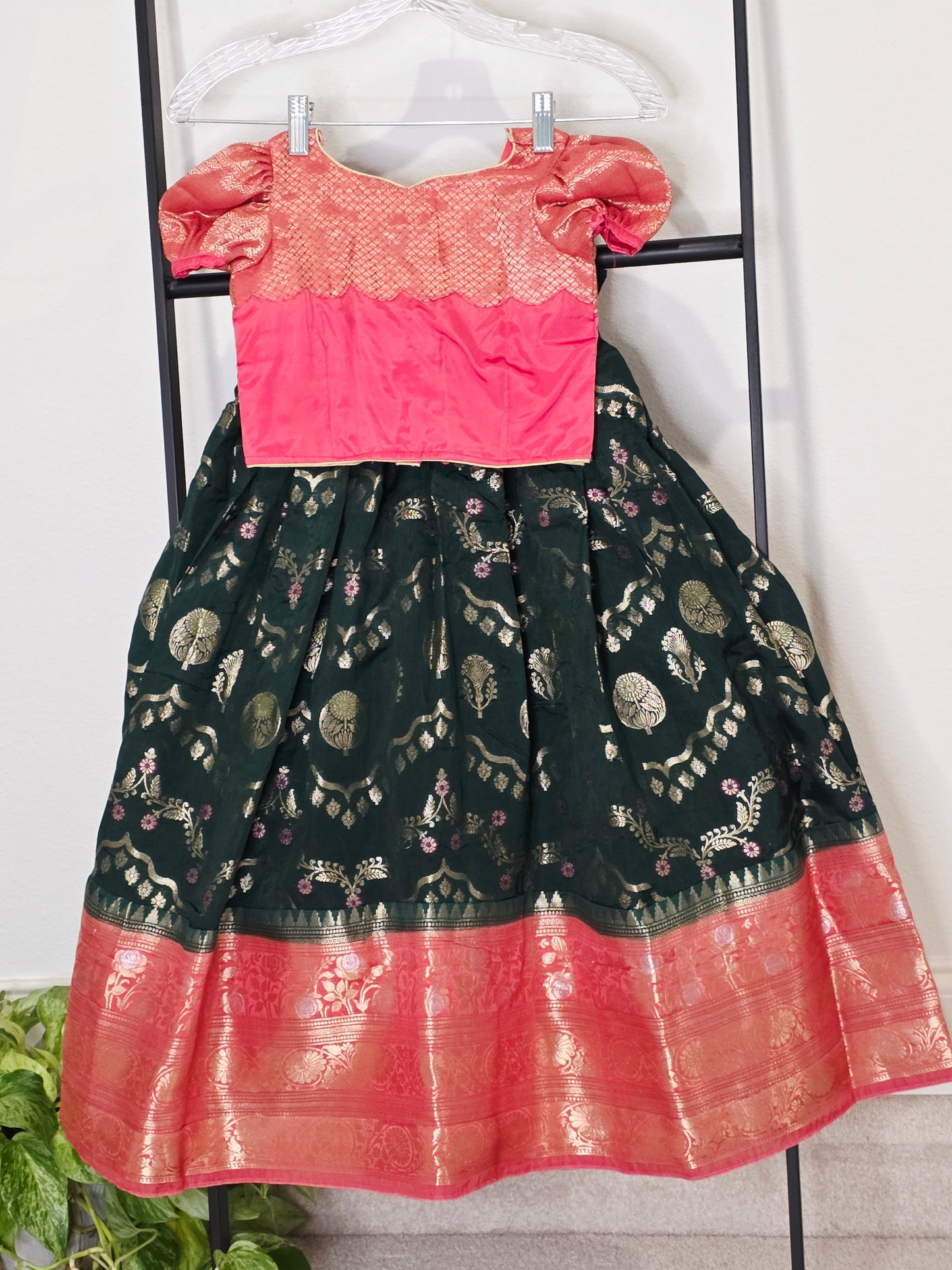 Emerald Bottle Green & Rose Pink Mango Benarasi Lehenga Blouse Set for Girls 3–4 Years