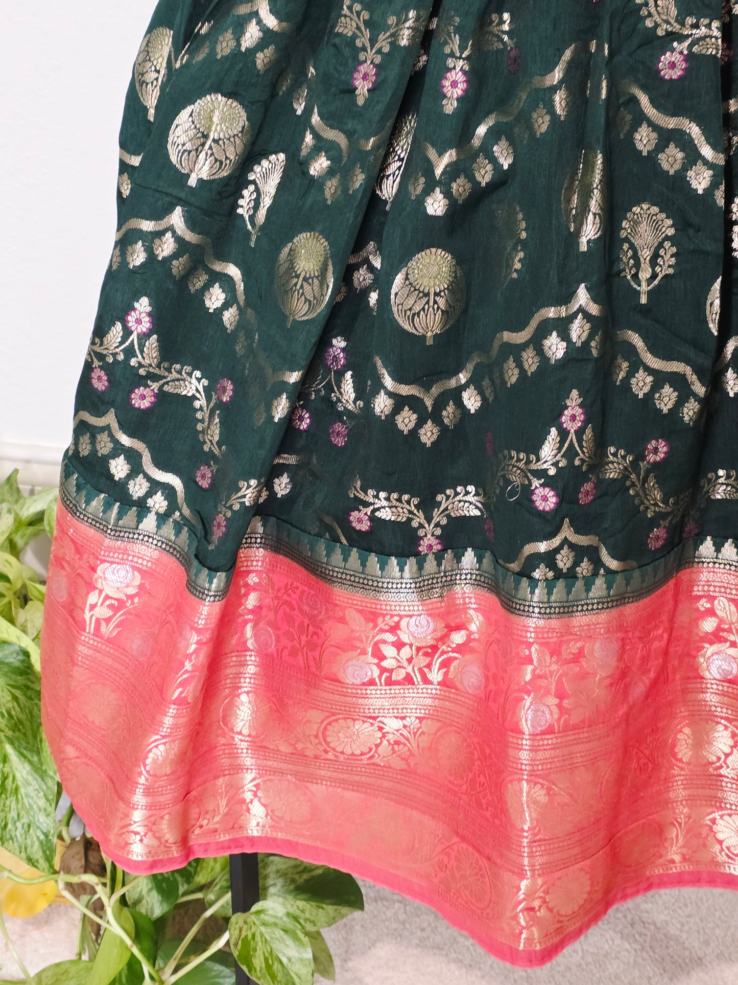 Emerald Bottle Green & Rose Pink Mango Benarasi Lehenga Blouse Set for Girls 3–4 Years