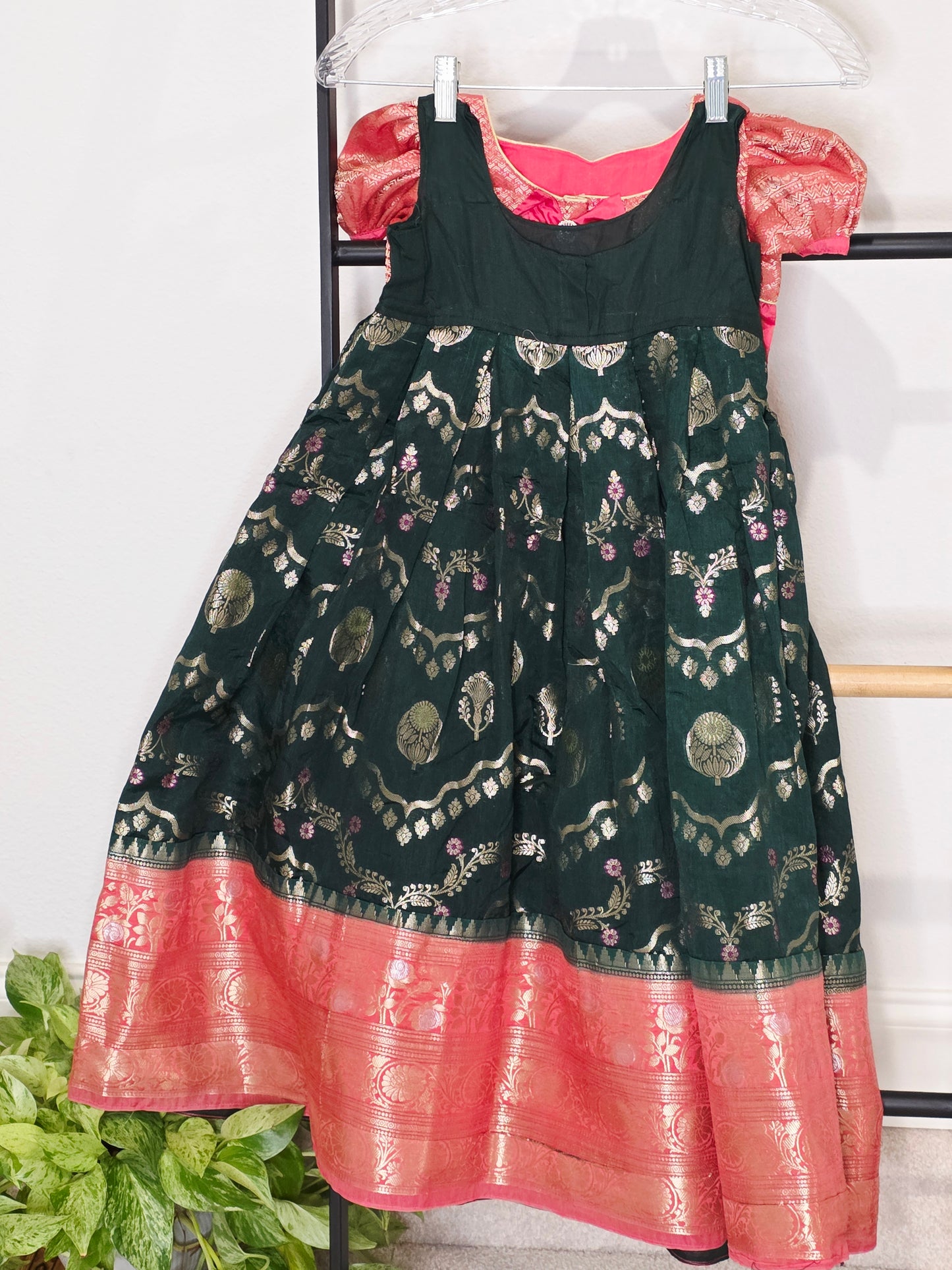 Emerald Bottle Green & Rose Pink Mango Benarasi Lehenga Blouse Set for Girls 3–4 Years