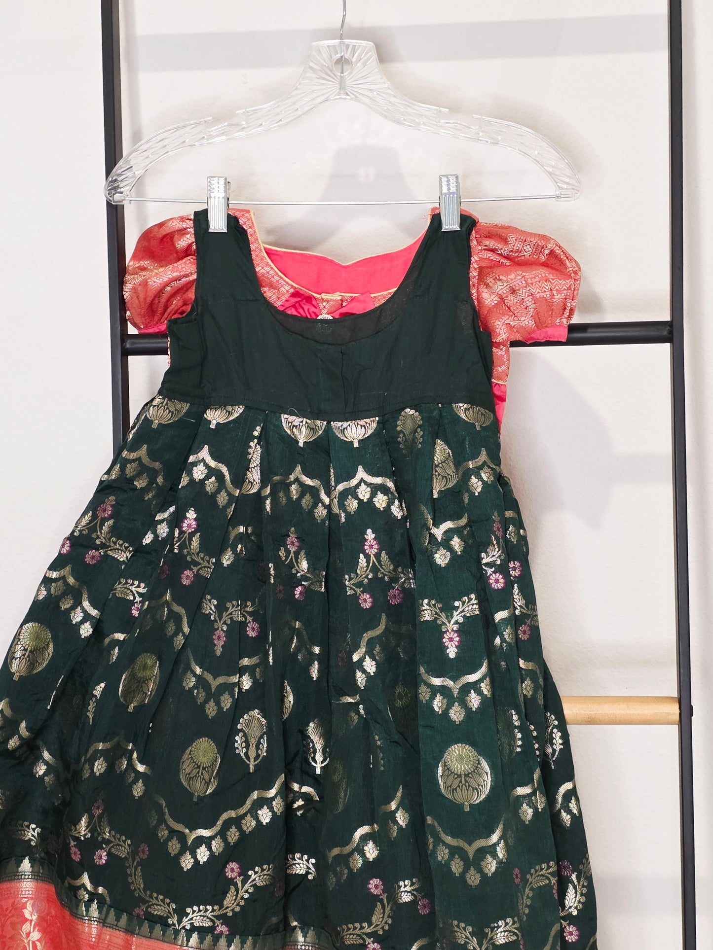 Emerald Bottle Green & Rose Pink Mango Benarasi Lehenga Blouse Set for Girls 3–4 Years