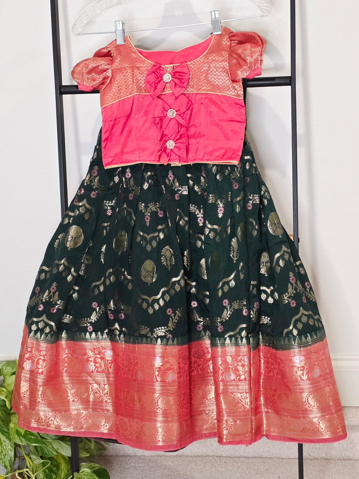 Emerald Bottle Green & Rose Pink Mango Benarasi Lehenga Blouse Set for Girls 3–4 Years