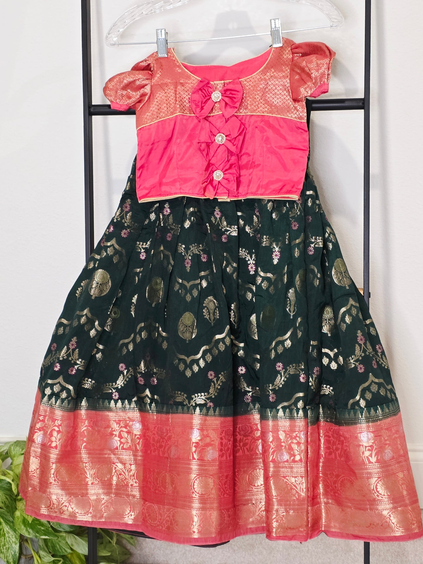Emerald Bottle Green & Rose Pink Mango Benarasi Lehenga Blouse Set for Girls 3–4 Years