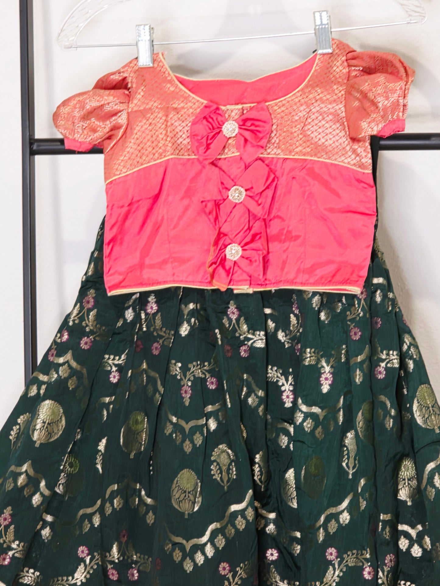 Emerald Bottle Green & Rose Pink Mango Benarasi Lehenga Blouse Set for Girls 3–4 Years