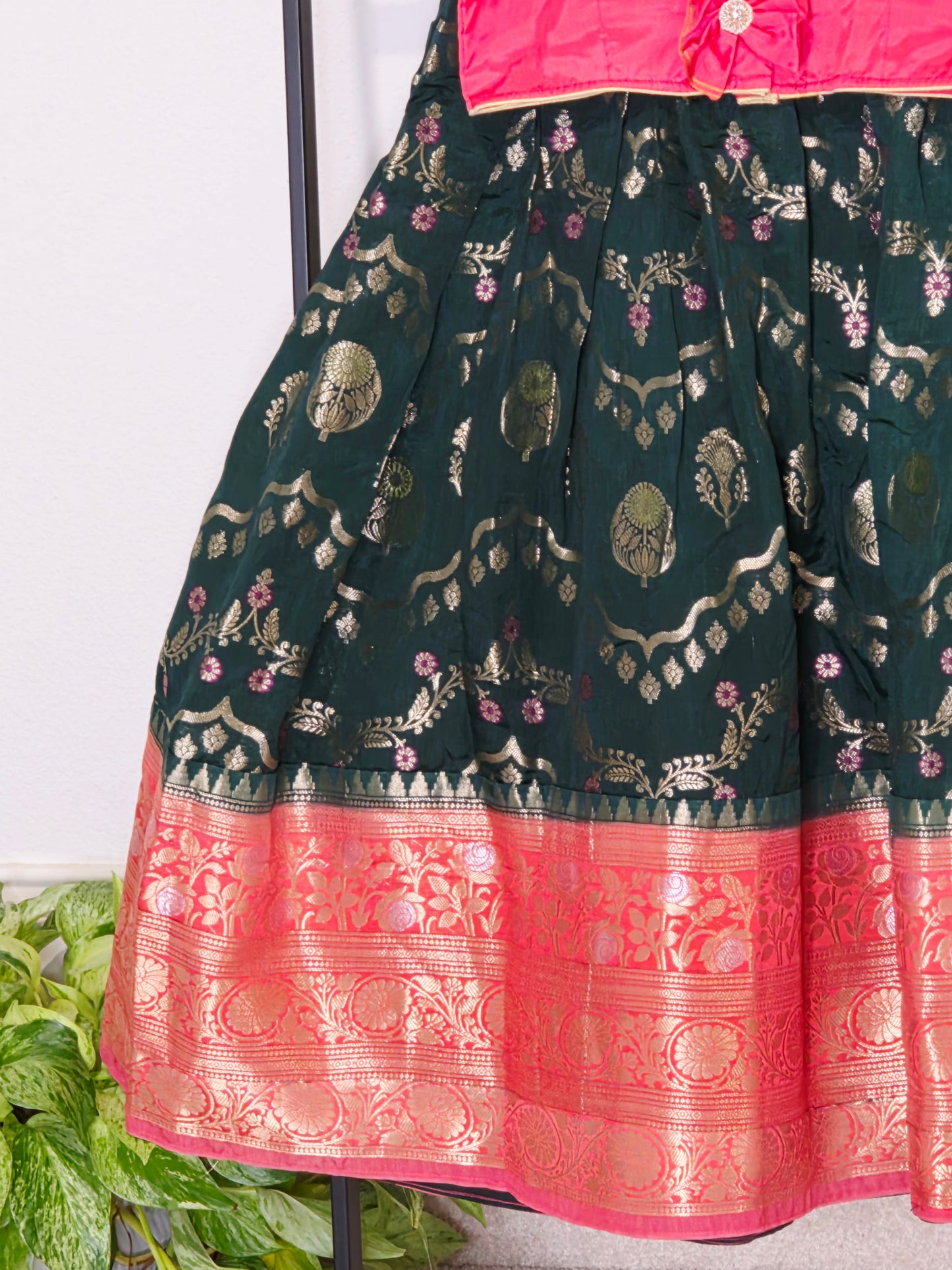 Emerald Bottle Green & Rose Pink Mango Benarasi Lehenga Blouse Set for Girls 3–4 Years