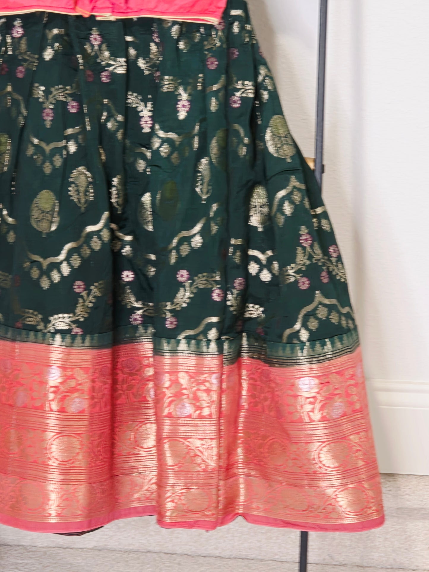 Emerald Bottle Green & Rose Pink Mango Benarasi Lehenga Blouse Set for Girls 3–4 Years