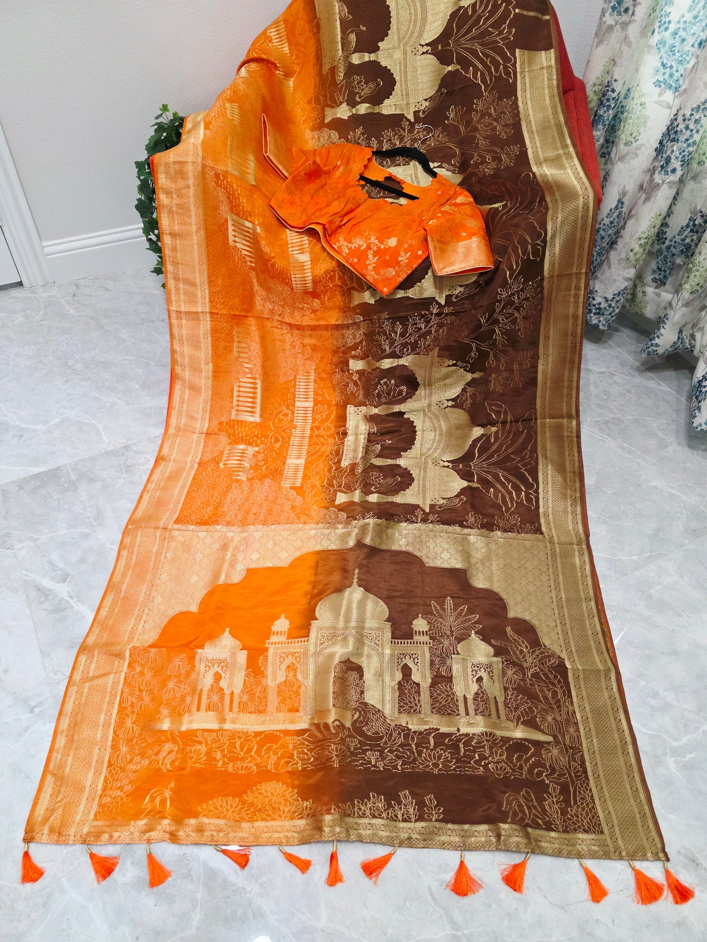 Sunset Amber & Cocoa Brown Taj Mahal Powerloom Woven Benarasi Silk Saree with Stitched Blouse
