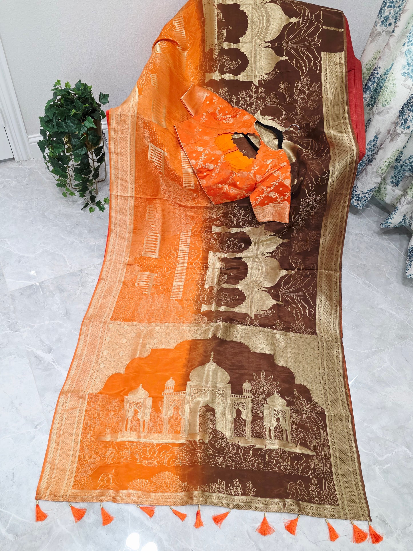 Sunset Amber & Cocoa Brown Taj Mahal Powerloom Woven Benarasi Silk Saree with Stitched Blouse