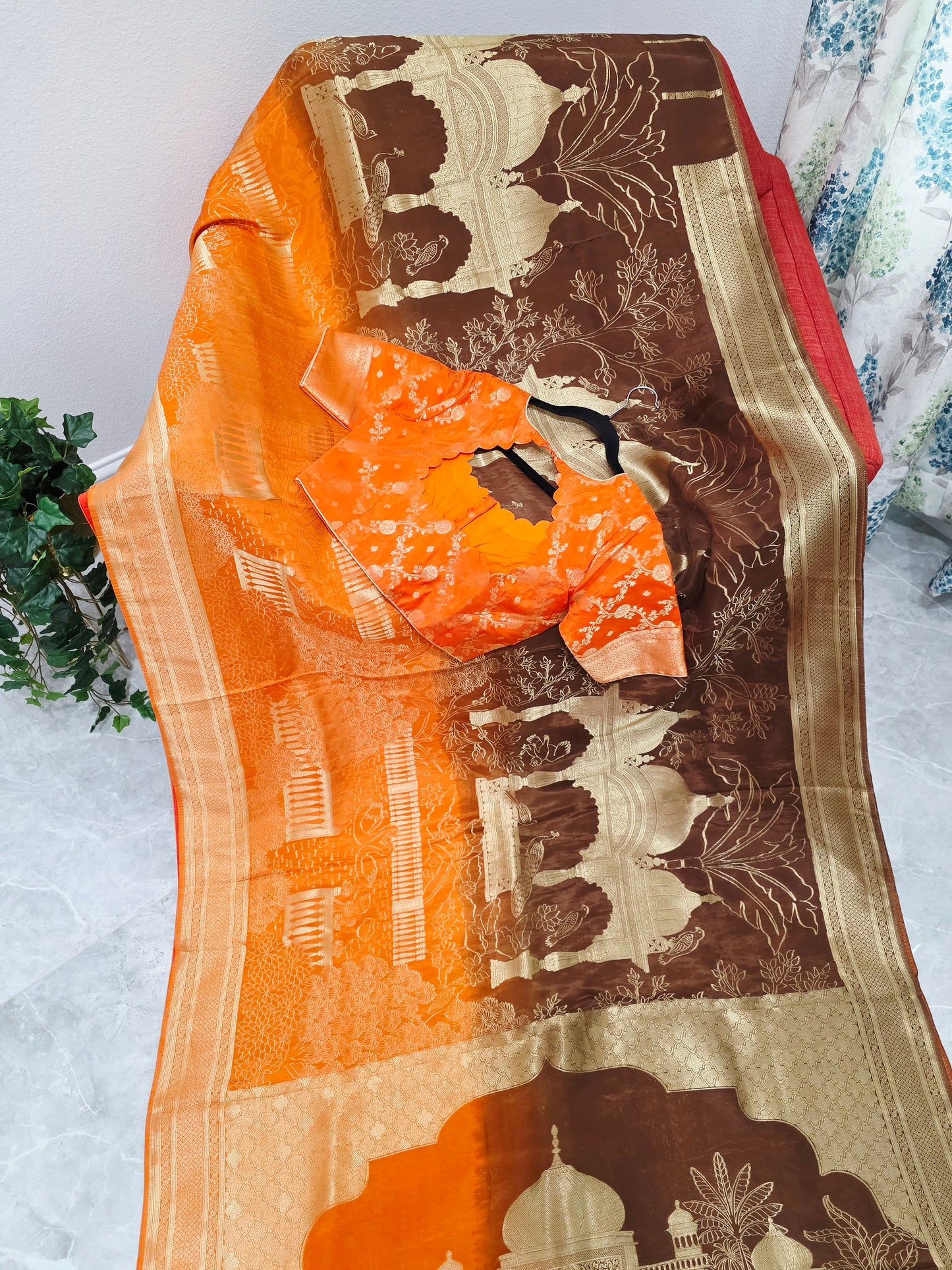 Sunset Amber & Cocoa Brown Taj Mahal Powerloom Woven Benarasi Silk Saree with Stitched Blouse